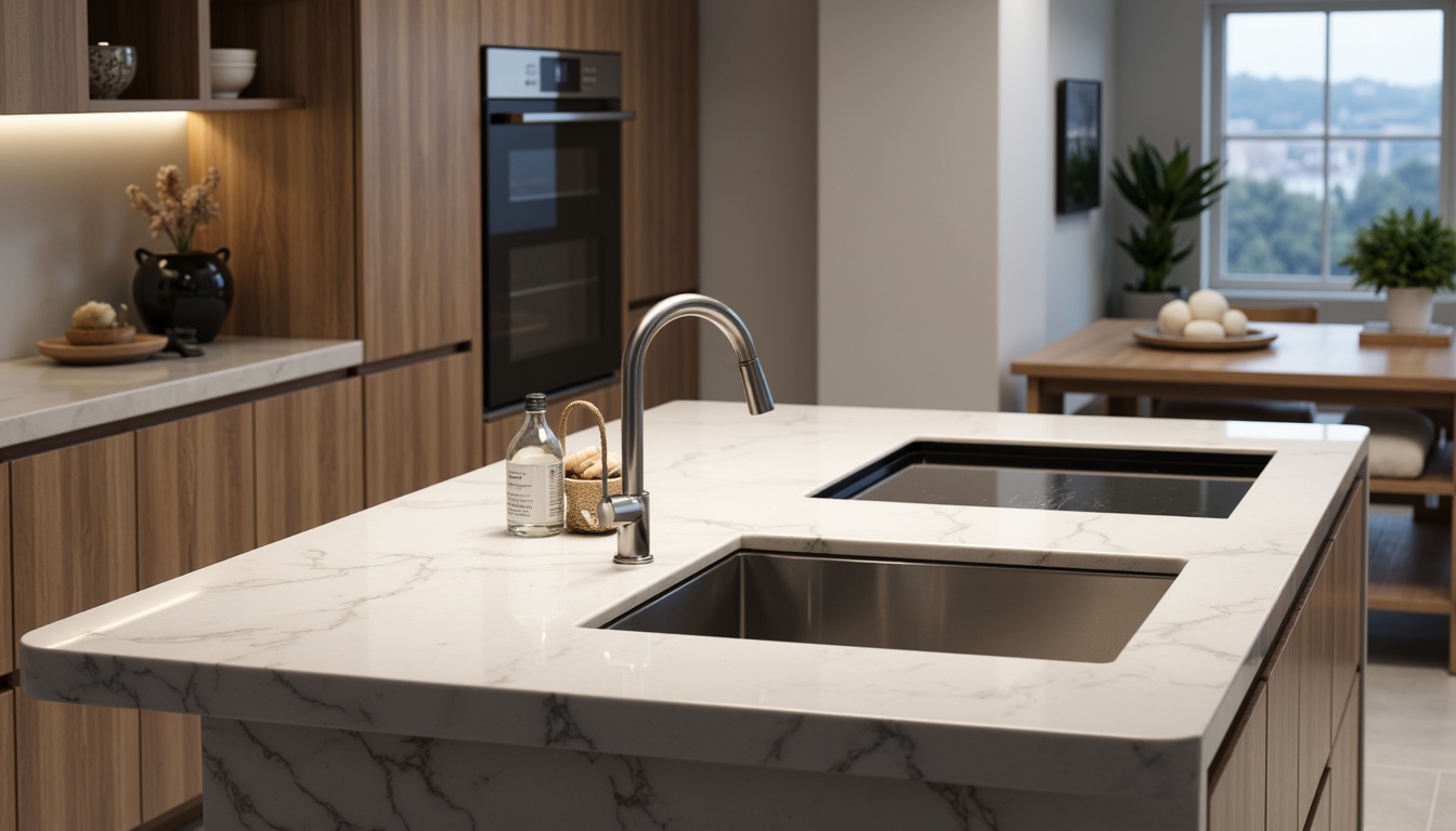 Prompt: Modern kitchen countertops, high-gloss finish, quartz material, sleek edge profiles, built-in sinks, induction cooktops, touchless faucets, LED ambient lighting, soft-close cabinetry, minimalist decor, neutral color palette, subtle texture variations, ergonomic design, ample storage spaces, smart home integration, futuristic aesthetic, 3/4 composition, shallow depth of field, realistic reflections.