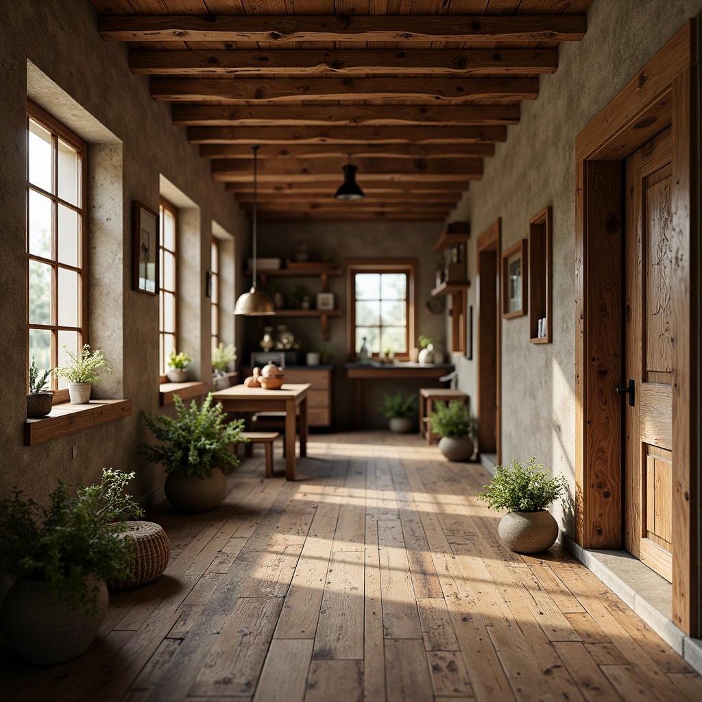 Prompt: Rustic farmhouse, reclaimed wood planks, distressed finishes, vintage charm, earthy tones, natural textures, wide plank flooring, worn wooden beams, cozy atmosphere, soft warm lighting, shallow depth of field, 3/4 composition, realistic wood grains, ambient occlusion.