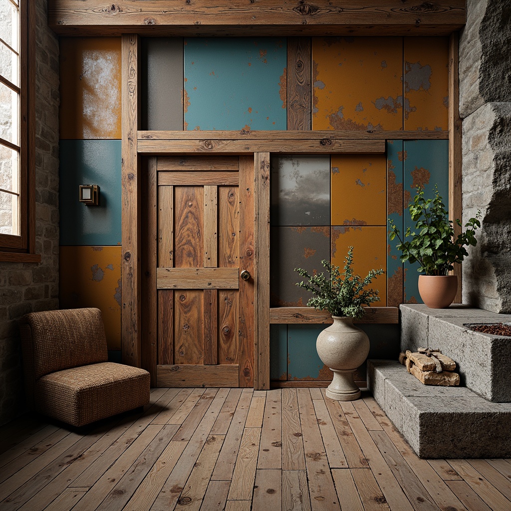 Prompt: Rustic wooden planks, distressed metal sheets, rough stone walls, intricately carved details, ornate moldings, vibrant colorful tiles, glossy reflective surfaces, matte finishes, natural rock formations, organic shapes, earthy tones, warm ambient lighting, shallow depth of field, 3/4 composition, realistic textures, ambient occlusion.