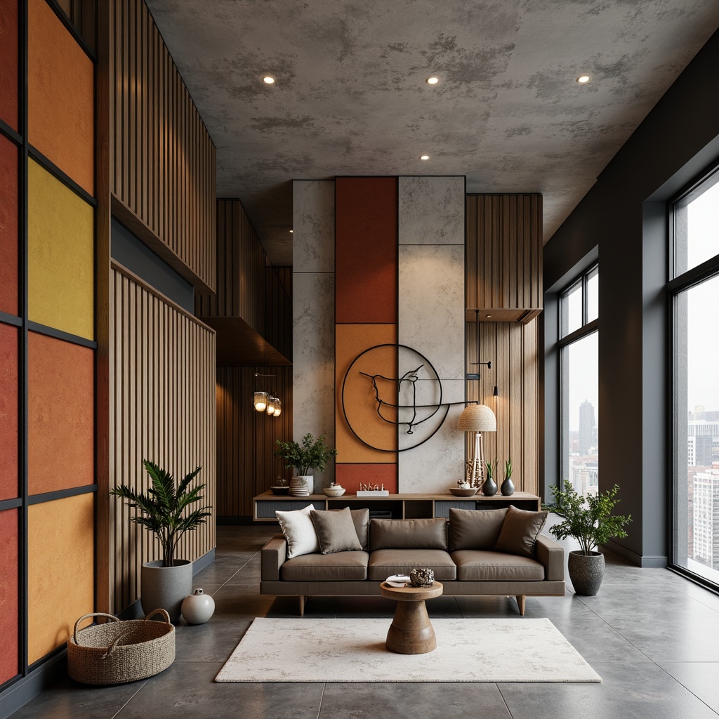 Prompt: Modern accent walls, sleek metallic finishes, luxurious velvet textures, geometric patterned wallpapers, bold color blocking, industrial chic concrete, reclaimed wood accents, minimalist plaster finishes, soft ambient lighting, 1/1 composition, realistic reflections, shallow depth of field, panoramic view.