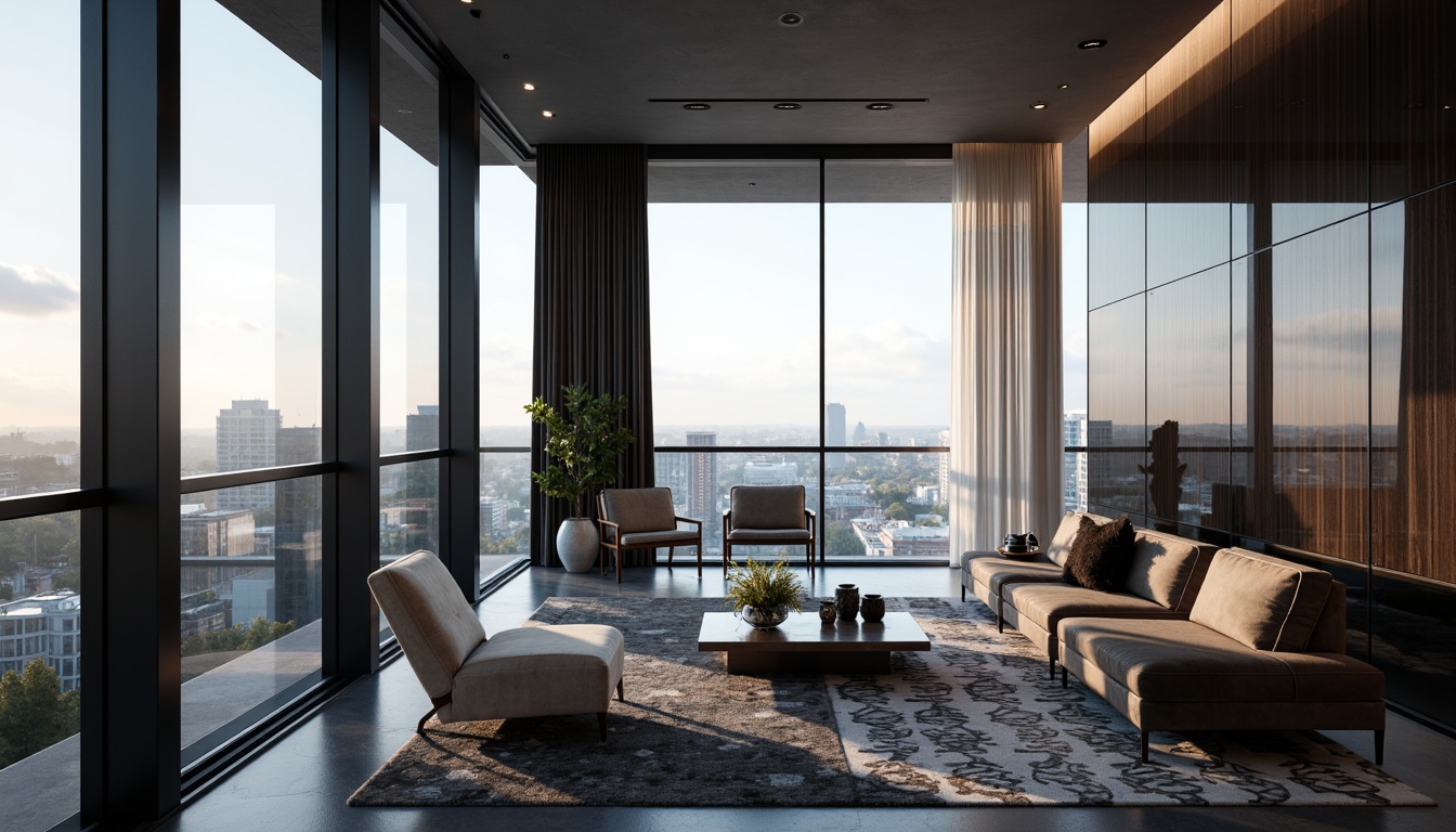 Prompt: Minimalist modern interior, sleek lines, monochromatic color scheme, polished chrome accents, luxurious velvet upholstery, geometric patterned rugs, floor-to-ceiling windows, natural light pouring in, urban cityscape views, sophisticated ambient lighting, 1/1 composition, shallow depth of field, realistic textures, soft warm glow, elegant simplicity, refined sophistication.