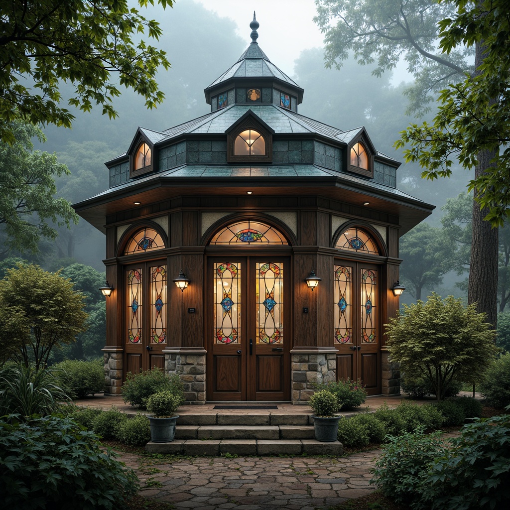 Prompt: Ornate Gothic pavilion, richly textured stone walls, intricately carved wooden doors, stained glass windows, vibrant colored frescoes, grandiose pointed arches, ribbed vaulted ceilings, ornamental ironwork, weathered copper roofing, distressed wood accents, lush greenery surroundings, misty atmospheric lighting, soft warm glow, shallow depth of field, 1/1 composition, realistic textures, ambient occlusion.