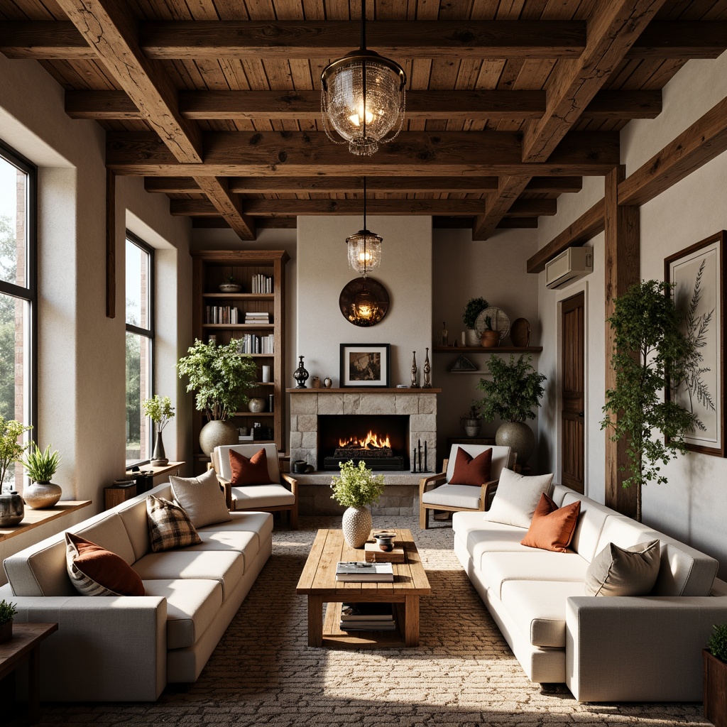 Prompt: Rustic farmhouse, vintage Art Deco accents, distressed wood beams, metal lanterns, pendant lights, industrial-chic fixtures, bronze finishes, ornate metalwork, geometric patterns, luxurious crystal drops, creamy whites, warm earth tones, natural textures, reclaimed wood, exposed brick walls, cozy reading nooks, plush furnishings, soft warm lighting, atmospheric glow, 1/2 composition, dramatic shadows, realistic reflections.