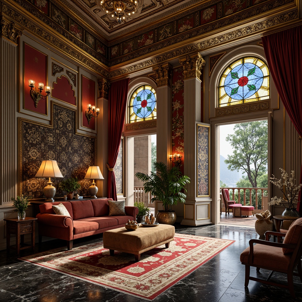 Prompt: Intricate ornamental patterns, luxurious gold accents, lavish marble textures, opulent velvet fabrics, grandiose crystal chandeliers, exquisite ceramic vases, ornate metalwork, richly carved wooden panels, majestic stone columns, intricate stained glass windows, vibrant colorful mosaics, dramatic drapery, plush area rugs, warm ambient lighting, shallow depth of field, 3/4 composition, realistic textures, ambient occlusion.