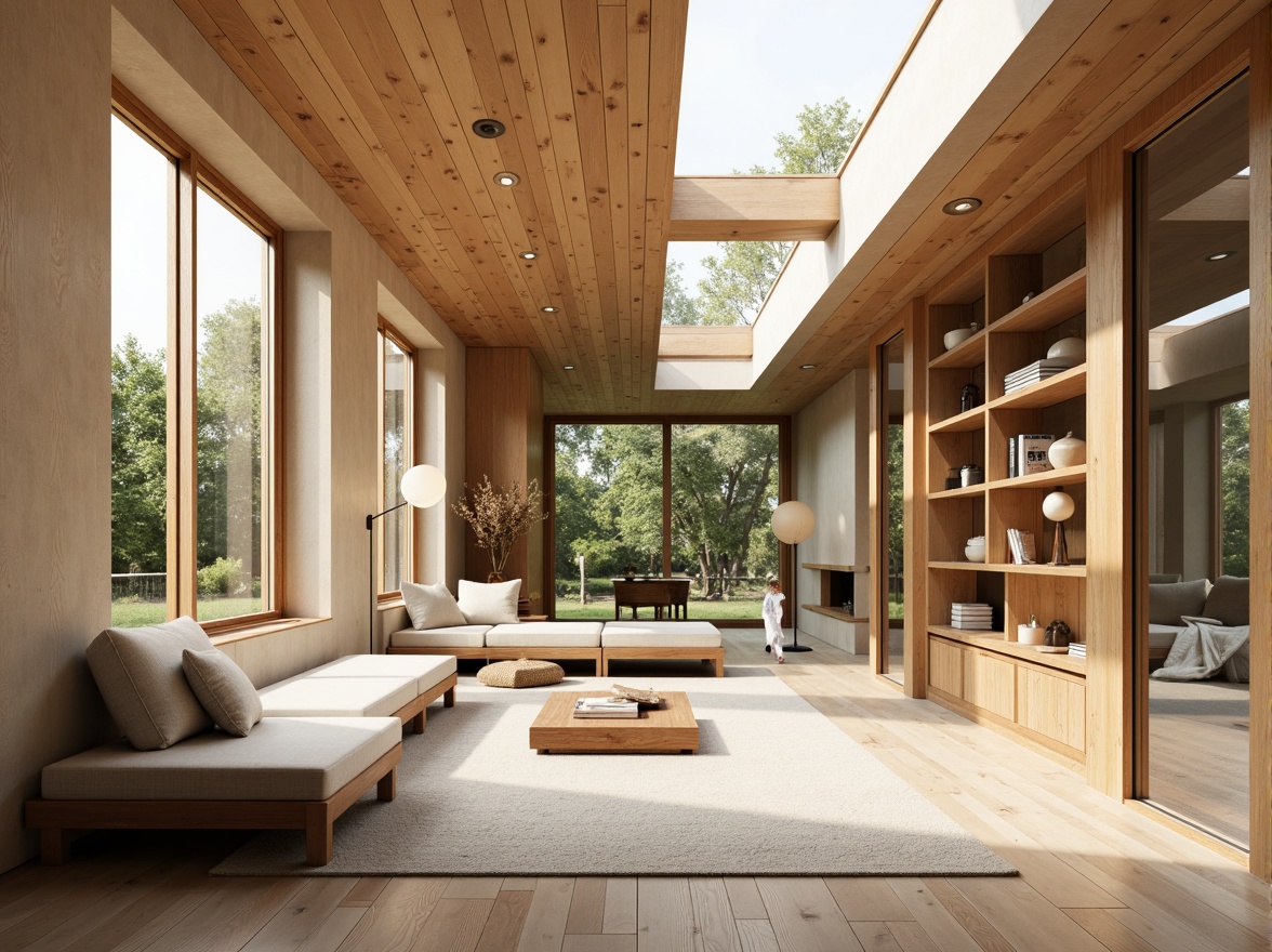 Prompt: Light-filled interior, Nordic minimalism, wooden accents, natural textures, earthy color palette, large windows, sliding glass doors, clerestory windows, skylights, open floor plans, airy atmosphere, soft warm lighting, gentle shadows, cozy reading nooks, minimalist decor, functional simplicity, organic shapes, sustainable materials, FSC-certified wood, eco-friendly design, nature-inspired patterns, subtle color contrasts, 1/1 composition, soft focus, natural ambiance.