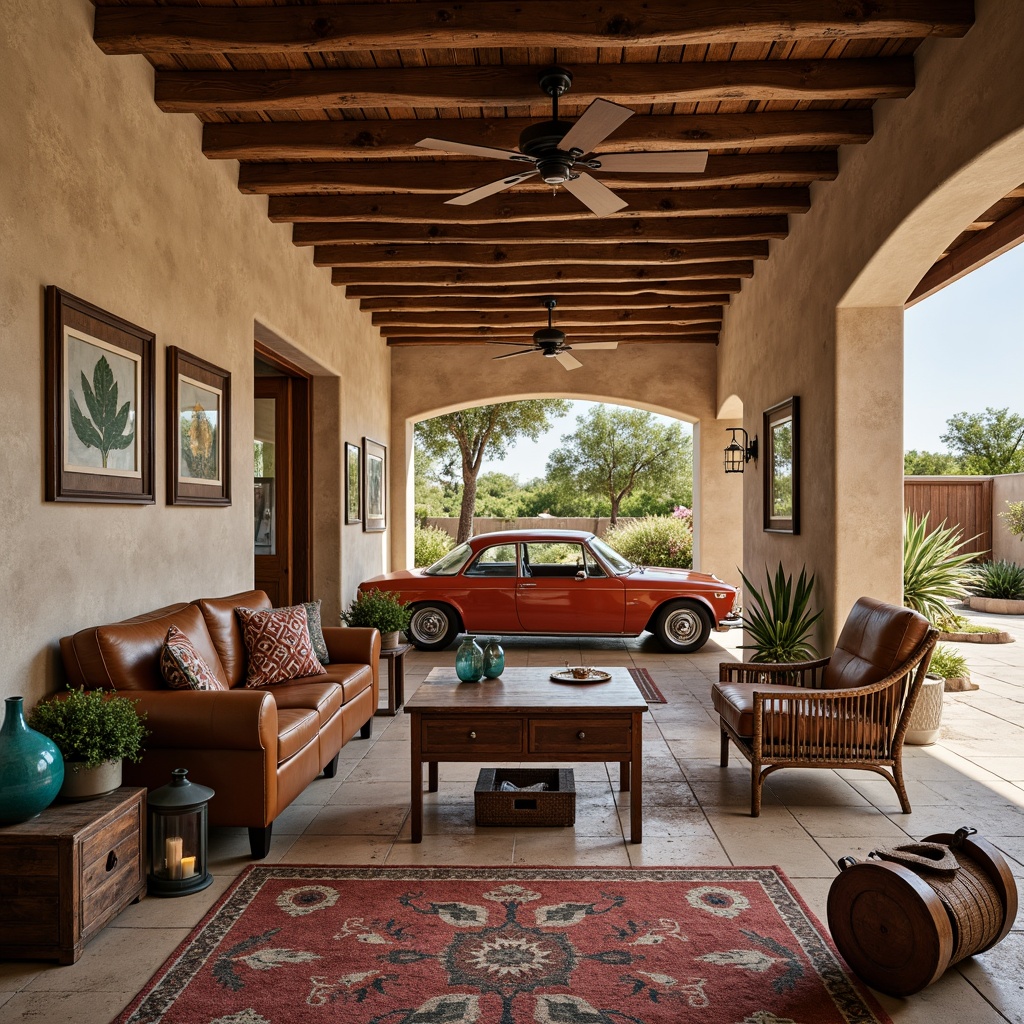 Prompt: Rustic family garage, Southwestern decor, vintage cars, distressed wood accents, leather armchairs, woven wicker furniture, bold geometric patterns, turquoise glass vases, earthy tone rugs, wooden crates, metal lanterns, natural stone walls, warm desert lighting, 3/4 composition, shallow depth of field, realistic textures.