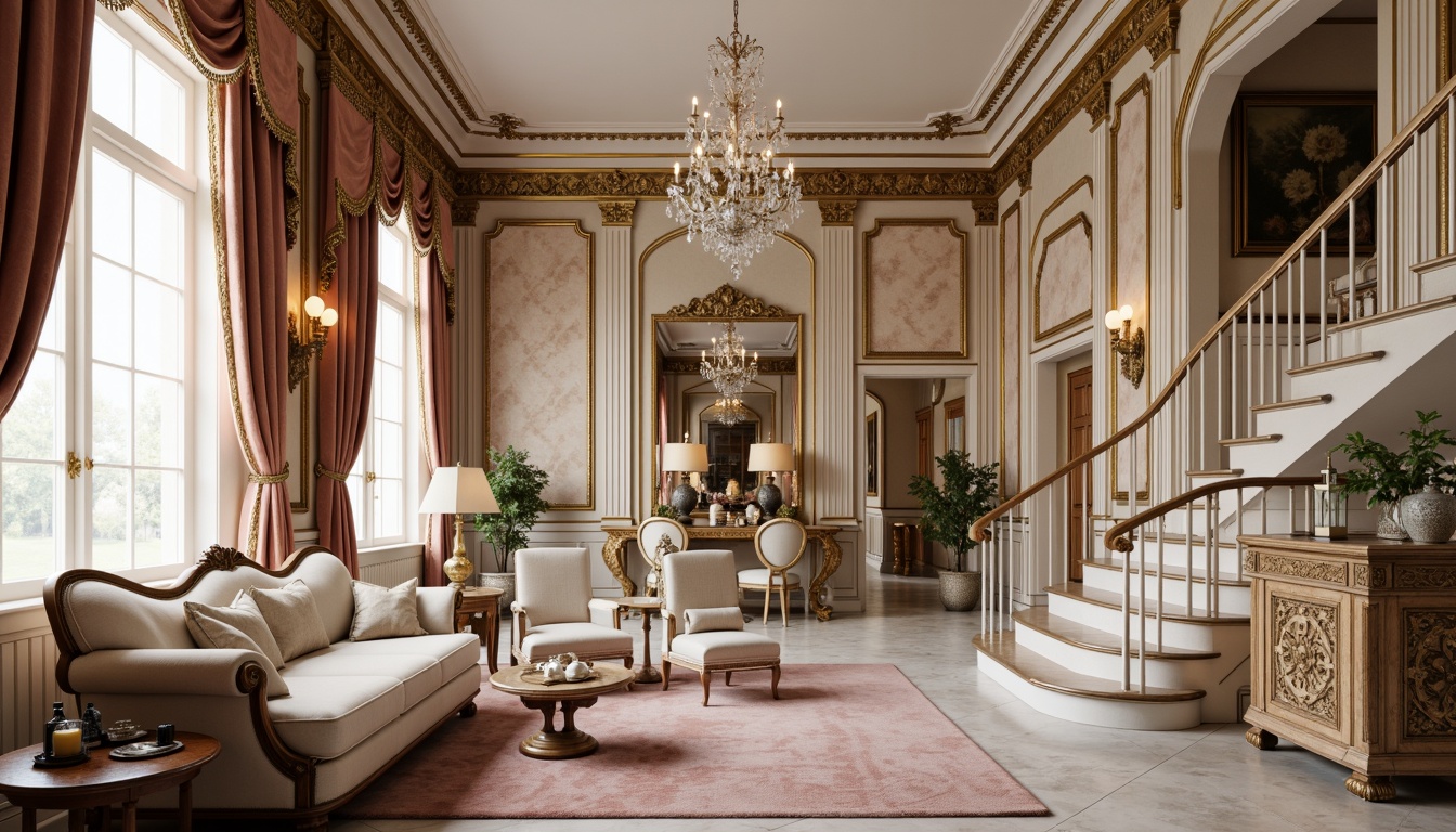 Prompt: Luxurious Rococo apartments, ornate gold accents, delicate filigree patterns, soft pastel hues, lavish furnishings, velvet drapes, crystal chandeliers, intricately carved wooden panels, marble floors, grandiose staircases, sweeping archways, opulent fabrics, rich textiles, lavish upholstery, subtle natural lighting, warm candlelight, shallow depth of field, 1/1 composition, intimate atmosphere, realistic materials, ambient occlusion.