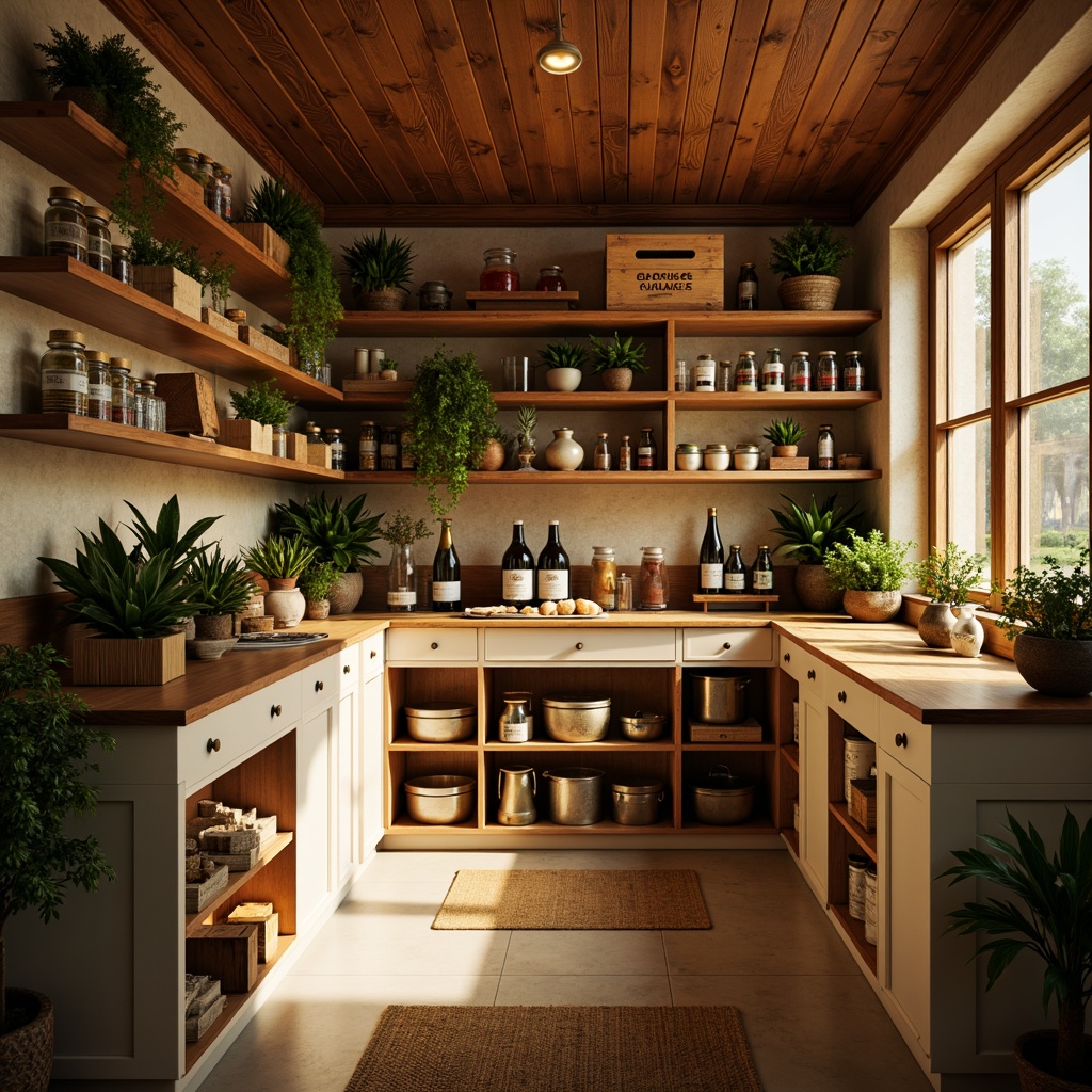 Prompt: Cozy pantry, warm earthy tones, rich wood accents, soft golden lighting, creamy white shelves, rustic wooden crates, vibrant colorful jars, lush greenery, fragrant herbs, appetizing food displays, inviting aroma, shallow depth of field, 1/1 composition, realistic textures, ambient occlusion.