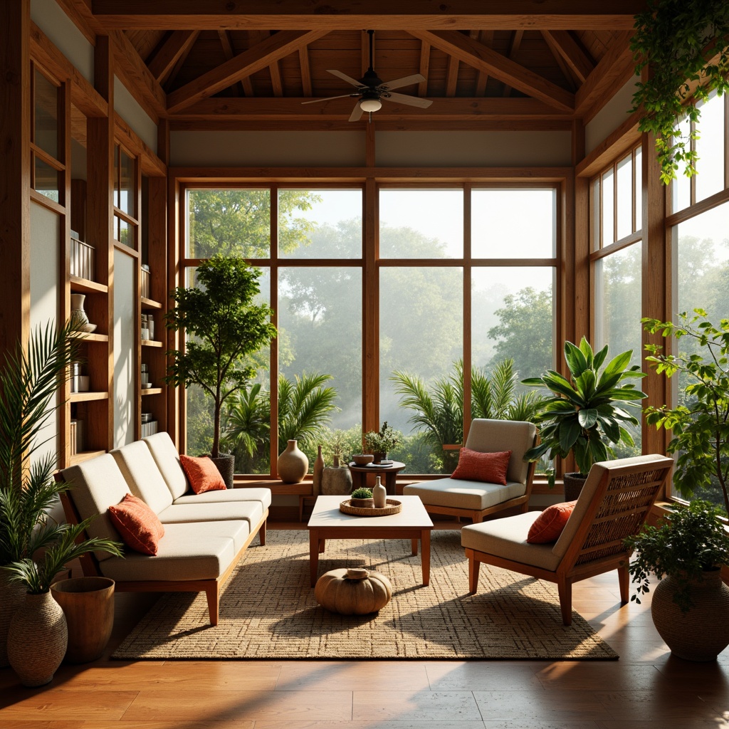 Prompt: Warm Asian-style sunroom, natural wood accents, traditional Japanese shoji screens, sliding glass doors, polished bamboo flooring, woven rattan furniture, plush silk cushions, vibrant greenery, tropical plants, misty morning atmosphere, soft warm lighting, subtle shadows, 1/1 composition, realistic textures, ambient occlusion.