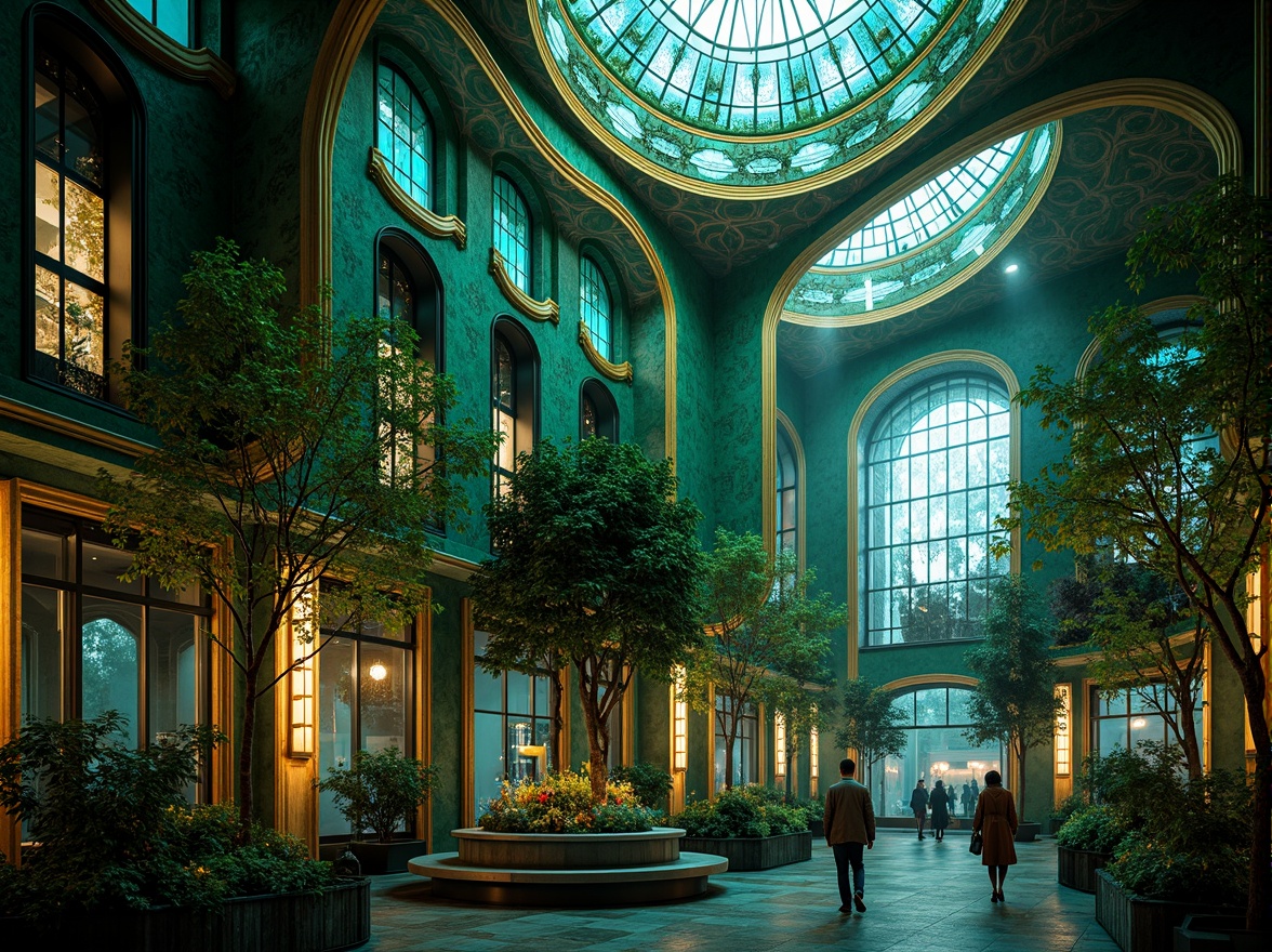 Prompt: Intricate Art Nouveau architecture, flowing organic lines, sinuous curves, vibrant turquoise, emerald green, rich gold accents, ornate metalwork, stained glass windows, botanical patterns, natural forms, whimsical florals, elegant typography, luxurious fabrics, warm candlelight, soft misty atmosphere, 3/4 composition, atmospheric perspective, high contrast, detailed textures.