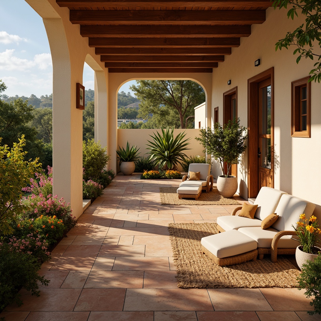 Prompt: Warm Mediterranean villa, terracotta tiles, rustic stone floors, distressed wood planks, woven jute rugs, natural fiber mats, earthy color palette, warm beige tones, soft golden lighting, airy open spaces, high ceilings, arched windows, ornate wooden doors, lush greenery, vibrant flowers, citrus trees, tranquil ambiance, 1/1 composition, shallow depth of field, realistic textures.