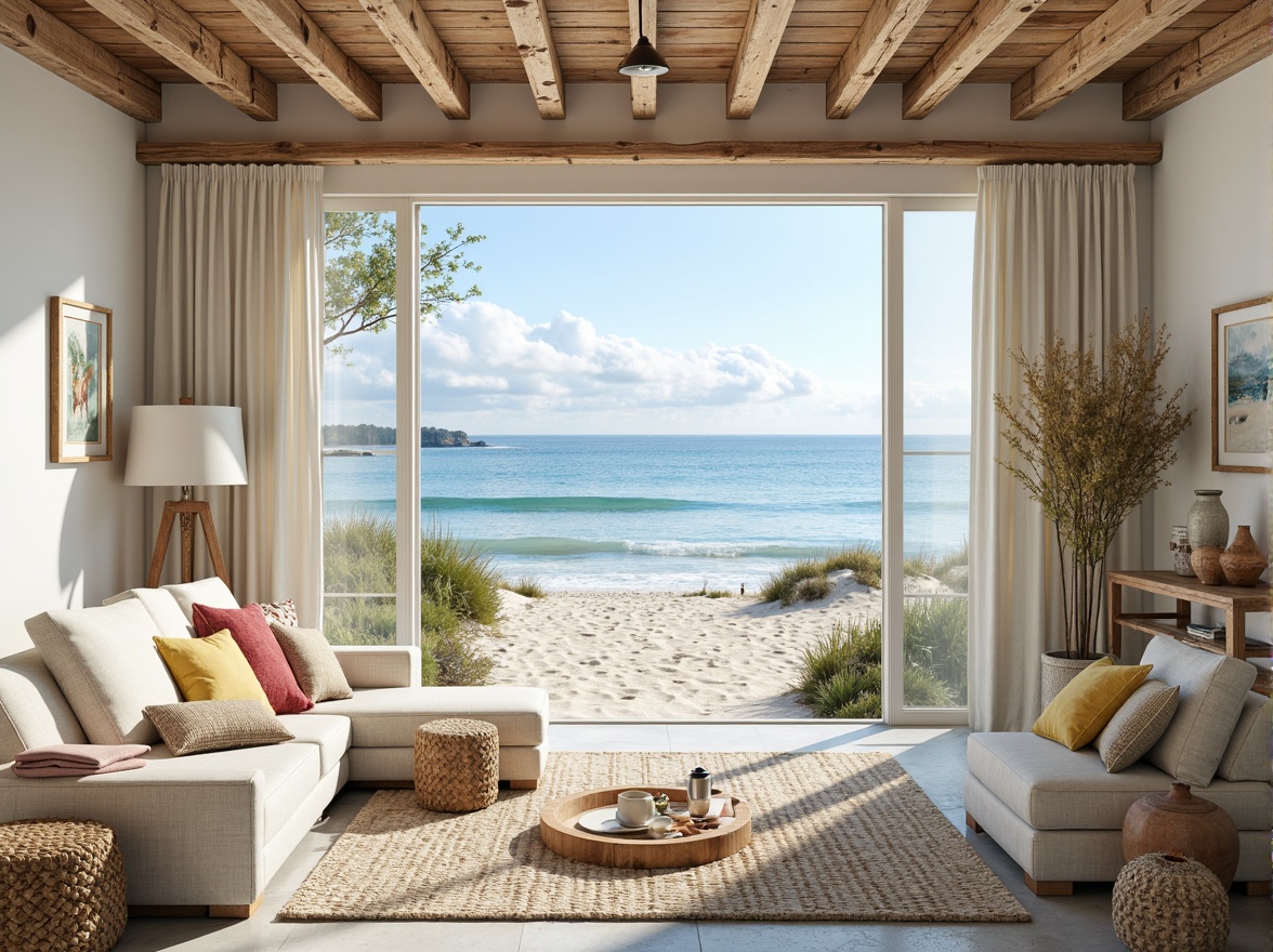 Prompt: Calming ocean waves, soft sandy beaches, weathered driftwood, nautical ropes, distressed finishes, sea-salt air, light-filled spaces, airy open-plan living, beachy vibes, natural textures, woven fibers, linen fabrics, cotton lace, blues and whites, creamy whites, warm beiges, seafoam greens, coral pinks, sunny yellow, rustic wooden accents, vintage nautical elements, distressed metal signs, faded red and white stripes, soft focus photography, warm golden lighting, shallow depth of field, 1/1 composition.