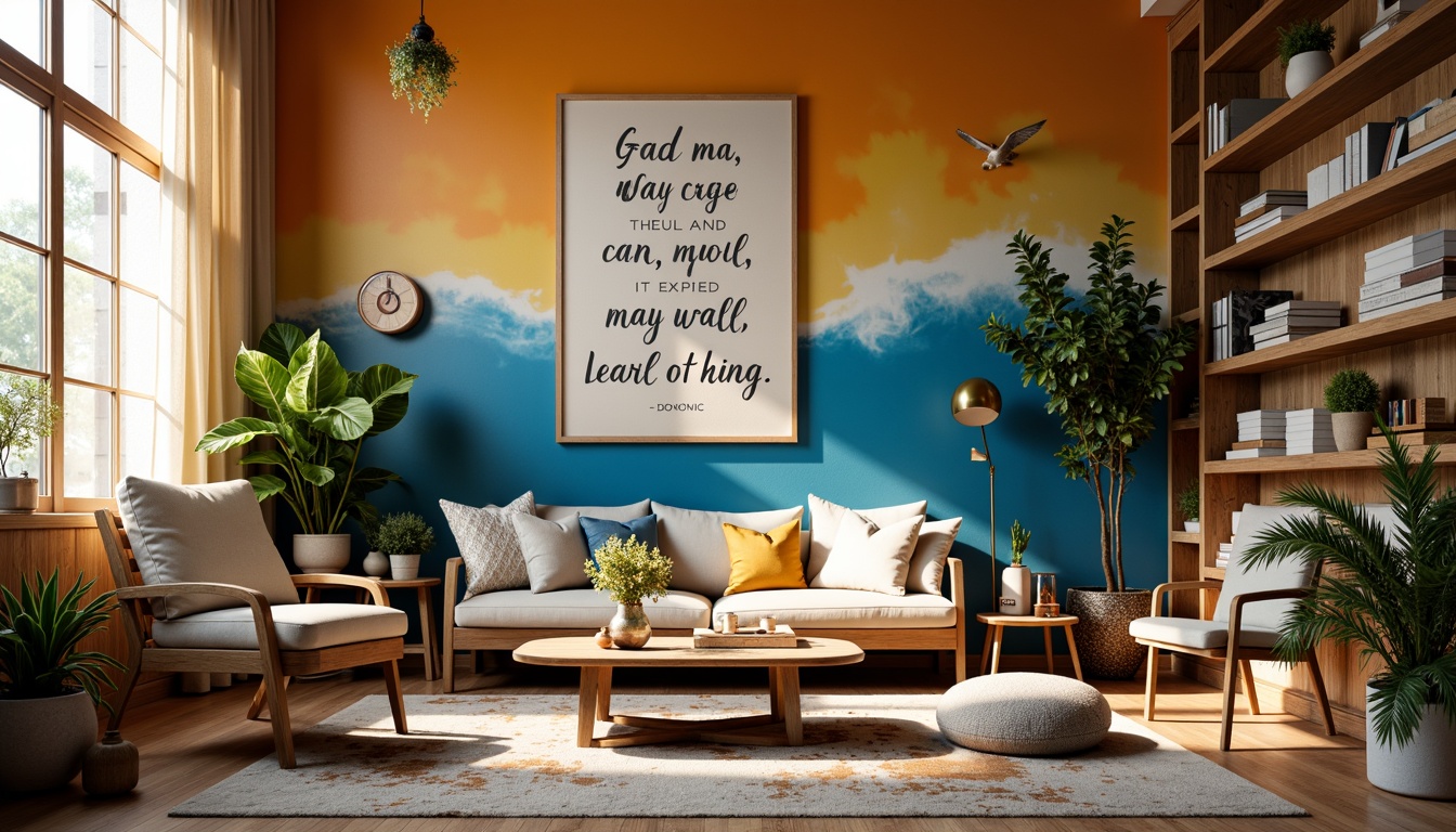 Prompt: Vibrant artistic studio, eclectic furniture, bold accent walls, rich wood tones, creamy whites, deep blues, warm golden lighting, cozy textiles, abstract artwork, inspirational quotes, natural materials, earthy scent, relaxed atmosphere, soft background music, 3/4 composition, intimate setting, realistic textures, ambient occlusion.