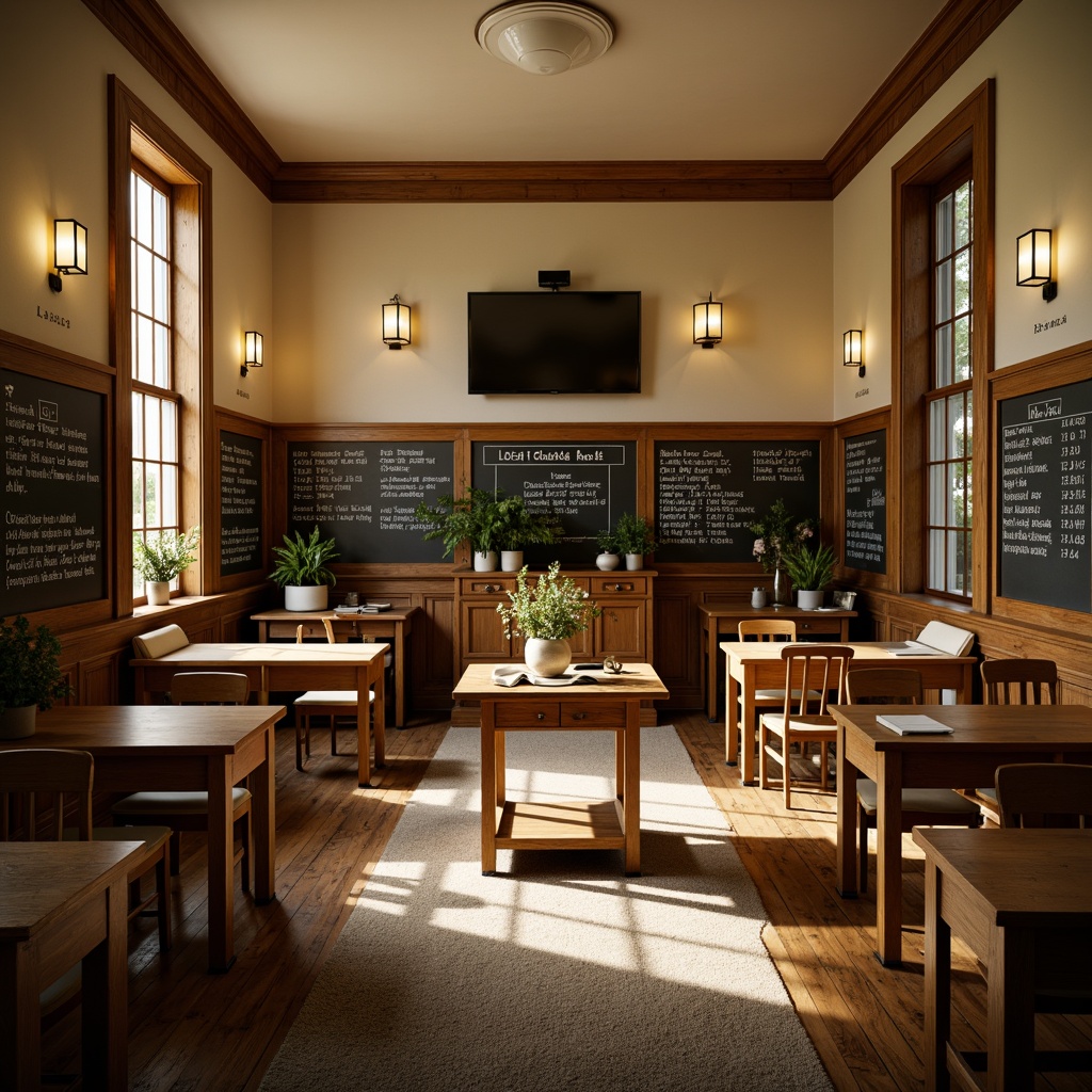 Prompt: Traditional schoolhouse, wooden desks, chalkboard walls, vintage lanterns, warm beige colors, cozy reading nooks, plush area rugs, natural wood accents, classic library tables, greenery-filled planters, soft warm lighting, shallow depth of field, 3/4 composition, realistic textures, ambient occlusion.