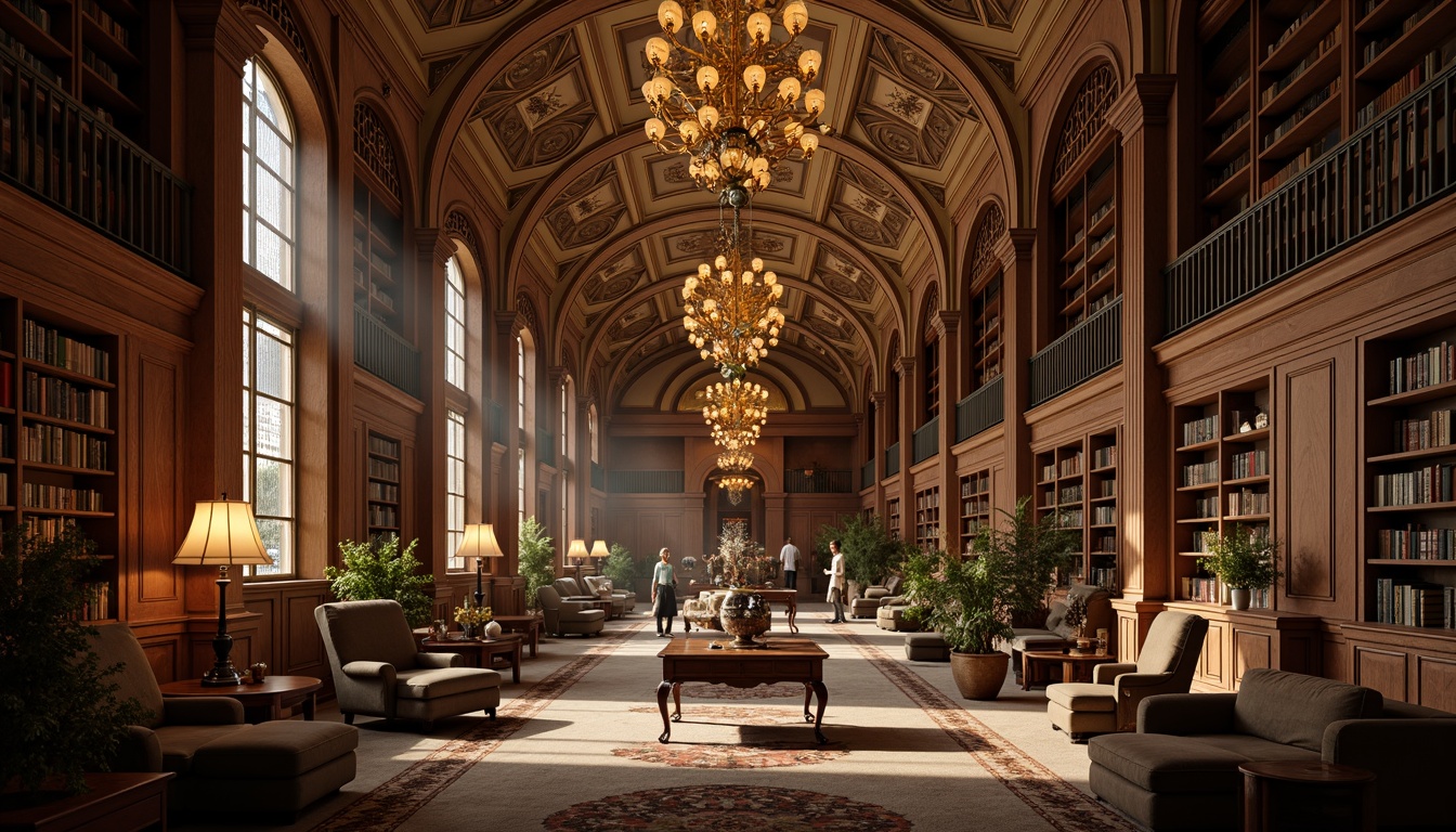 Prompt: Grandiose library, sweeping archways, ornate columns, vaulted ceilings, rich wood paneling, intricate moldings, opulent chandeliers, comfortable reading nooks, plush armchairs, vintage bookshelves, ladder access, warm golden lighting, soft shadows, high contrast ratios, dramatic focal points, asymmetrical composition, atmospheric mist, cinematic color grading, ornate metalwork, lavish textiles, eclectic furniture arrangements.