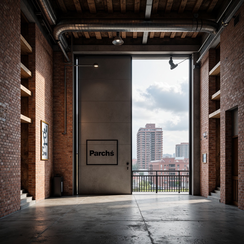 Prompt: Exposed brick walls, metal beams, industrial pipes, minimalist decor, functional simplicity, bold typography, primary color scheme, geometric shapes, raw concrete floors, reclaimed wood accents, urban cityscape, cloudy grey sky, dramatic shading, high contrast lighting, shallow depth of field, 2/3 composition, realistic textures, ambient occlusion.