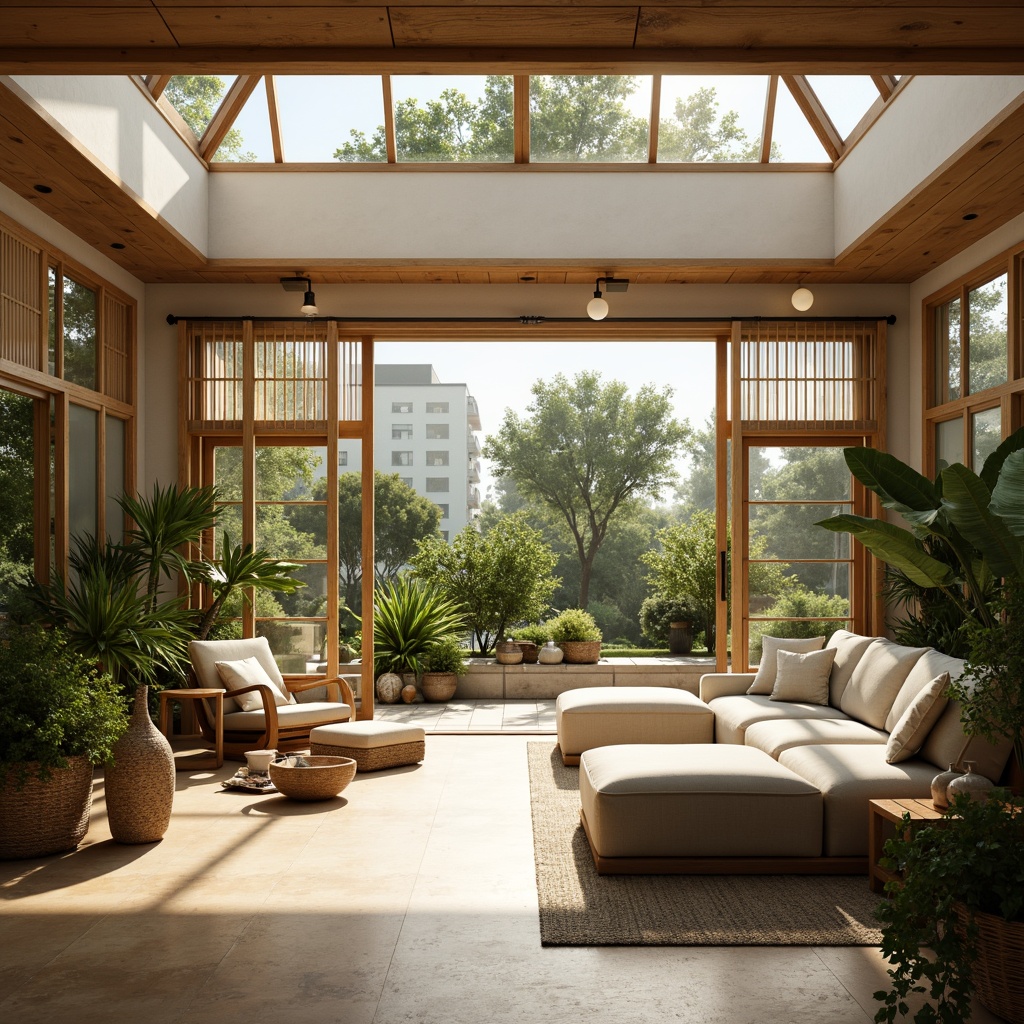 Prompt: Serenely lit sunroom, Asian-inspired decor, sliding glass doors, floor-to-ceiling windows, minimal ornamentation, natural wood accents, bamboo flooring, rice paper lanterns, lush greenery, tropical plants, warm beige tones, soft diffused light, clerestory windows, skylights, bright morning sunbeams, subtle shadows, 1/2 composition, realistic textures, ambient occlusion.