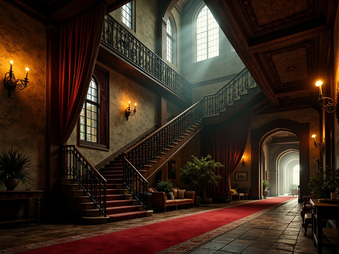 Prompt: Mysterious medieval castle, grand gothic staircase, ornate stone carvings, dark wood paneling, crimson red carpets, eerie shadows, warm golden lighting, soft candlelight, dramatic uplighting, mystical fog effects, ancient artifacts, mysterious doorways, intricate ironwork railings, lavish velvet drapes, hauntingly beautiful atmosphere, 1/1 composition, low-key lighting, realistic textures.