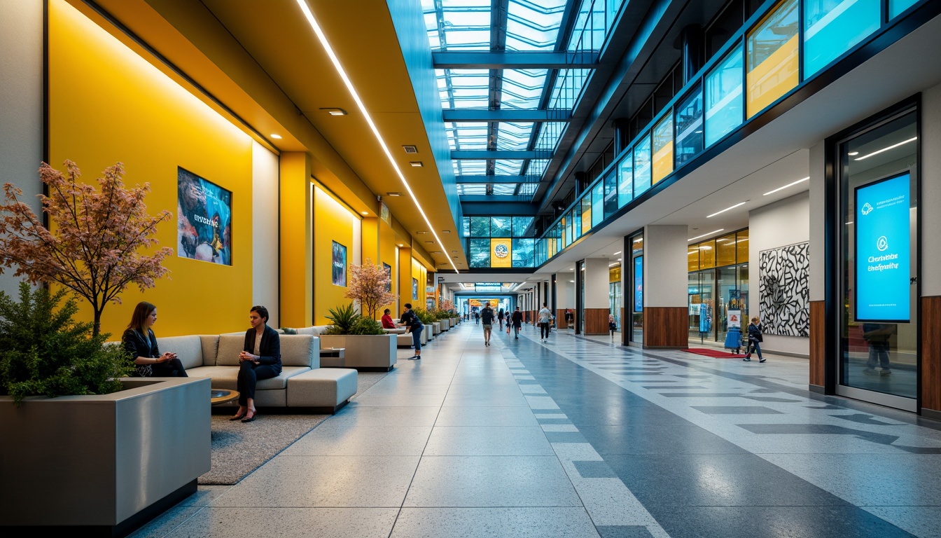 Prompt: Vibrant bus station interior, bright yellow accents, calming blue tones, neutral beige walls, polished metal handrails, comfortable seating areas, natural wood textures, urban-inspired graffiti, modern LED lighting, sleek glass partitions, geometric patterned floors, futuristic digital displays, real-time schedule information, bustling city atmosphere, shallow depth of field, 1/1 composition, warm ambient lighting.