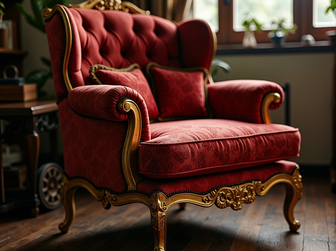 Prompt: Luxurious velvet armchair, intricately carved wooden legs, ornate golden frame, plush crimson cushions, richly patterned upholstery fabric, button-tufted backrest, scrolled armrests, studded leather trim, elegant lace draping, lavish fringe details, opulent tassel accents, warm cozy atmosphere, soft natural lighting, vintage distressed textures, realistic wear and tear, shallow depth of field, 1/2 composition, intimate close-up view, nostalgic classic colors.