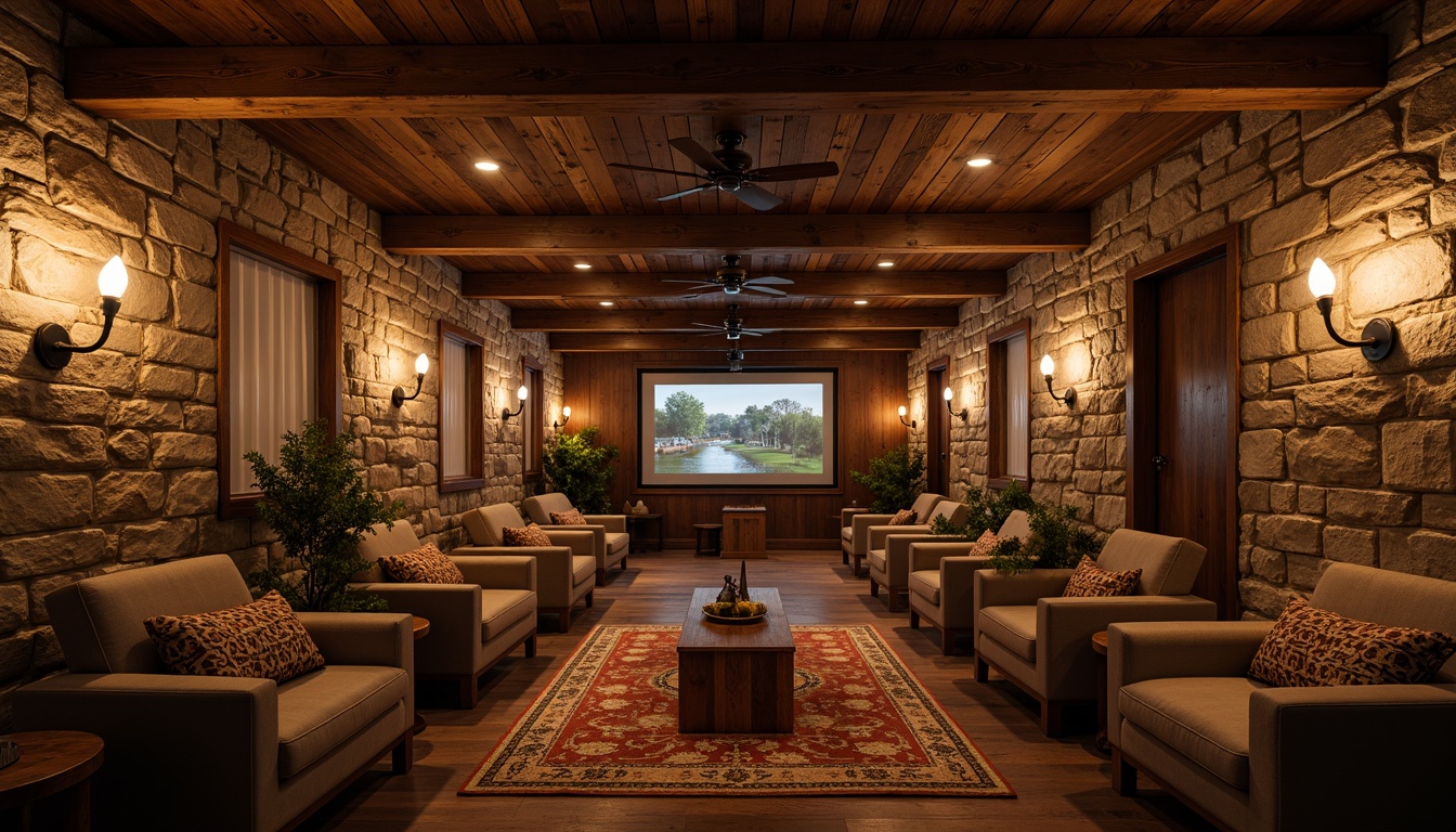 Prompt: Rustic cinema interior, natural stone walls, reclaimed wood accents, earthy color palette, vintage metal fixtures, wooden beam ceilings, woven textiles, plush armchairs, candle lighting, warm atmosphere, cozy nooks, softbox lights, 1/2 composition, shallow depth of field, cinematic framing, realistic wood grain textures, ambient occlusion.