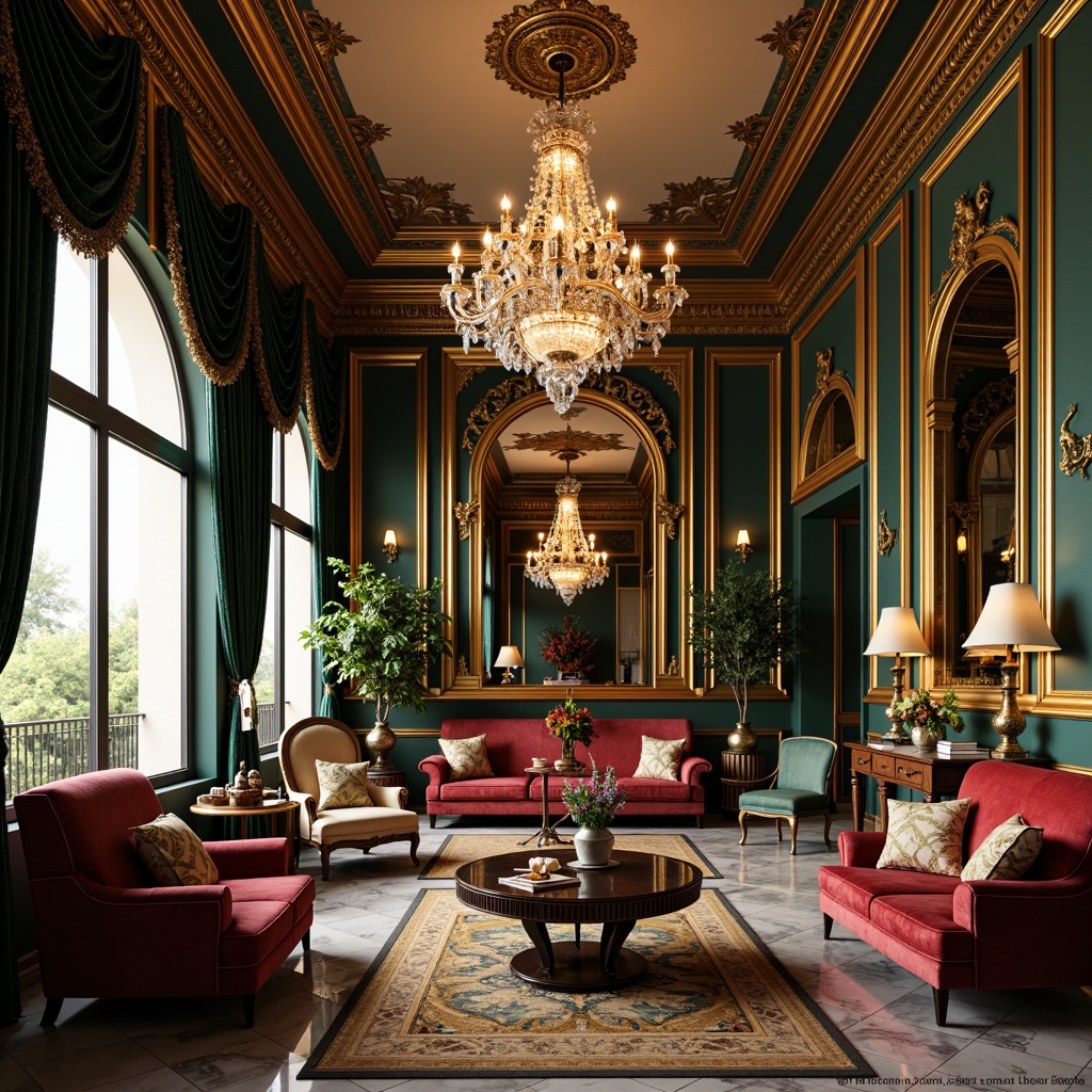 Prompt: Luxurious interior, ornate furnishings, rich velvet fabrics, golden accents, crystal chandeliers, intricate carvings, marble floors, gilded mirrors, lavish drapery, jewel-toned colors, emerald green, sapphire blue, ruby red, amber yellow, soft warm lighting, dramatic shadows, high contrast, opulent textures, intricate patterns, ornate details, Baroque-inspired motifs, grandiose architecture, sweeping curves, majestic columns.