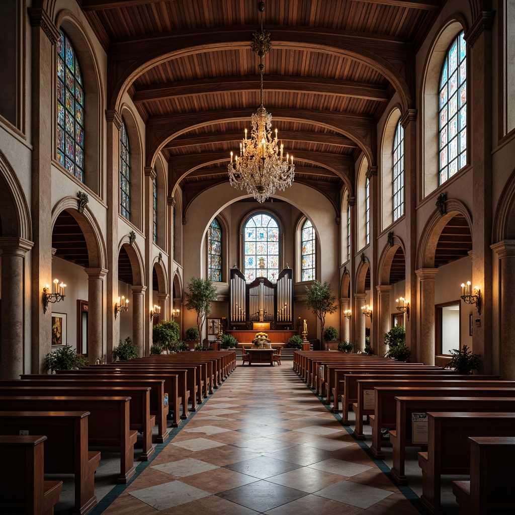 Prompt: Vaulted ceilings, ornate chandeliers, stained glass windows, rich wood tones, polished marble floors, intricate stone carvings, ornamental plasterwork, grand pipe organs, pews with upholstery, subtle ambient lighting, warm candlelight, soft shadows, 3/4 composition, symmetrical framing, detailed textures, realistic reflections.