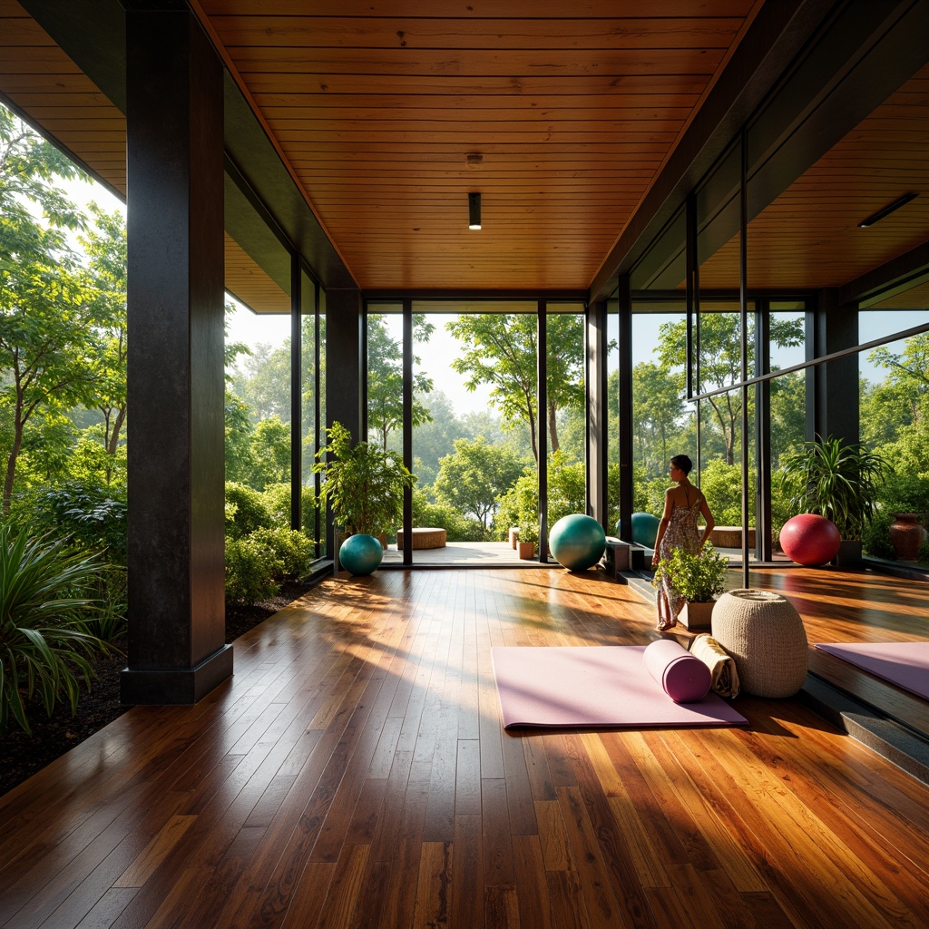 Prompt: Vibrant tropical home gym, polished wooden flooring, exotic hardwood species, rich dark brown tones, high-gloss finish, mirrored walls, floor-to-ceiling windows, lush greenery views, natural light flooding, state-of-the-art fitness equipment, colorful exercise balls, yoga mats, modern minimalist decor, ambient warm lighting, shallow depth of field, 1/1 composition, realistic textures, soft focus effect.