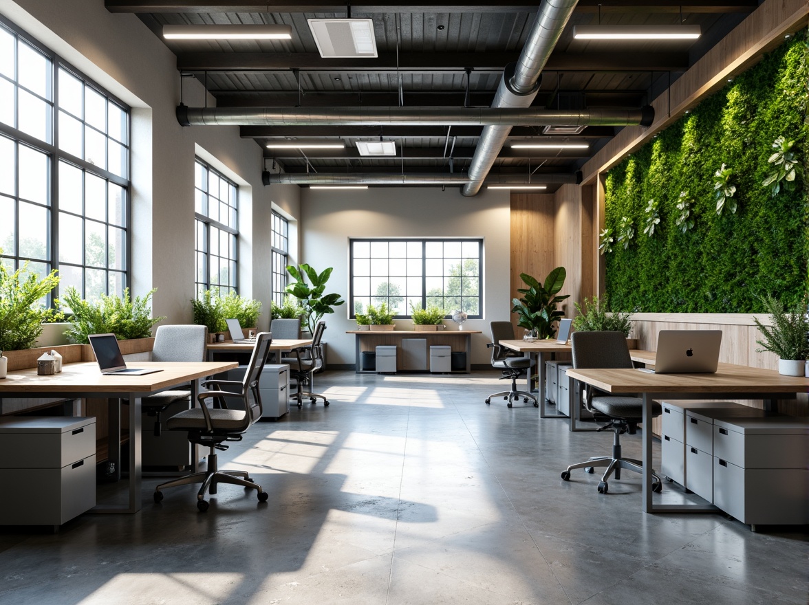 Prompt: Functional office space, modern minimalistic design, sleek metal desks, ergonomic chairs, abundant natural light, floor-to-ceiling windows, open layout, collaborative workstations, private meeting rooms, acoustic panels, sound-absorbing materials, vibrant green walls, living plants, industrial-style lighting, polished concrete floors, spacious storage units, optimized workflow, 1/2 composition, softbox lighting, realistic textures, ambient occlusion.