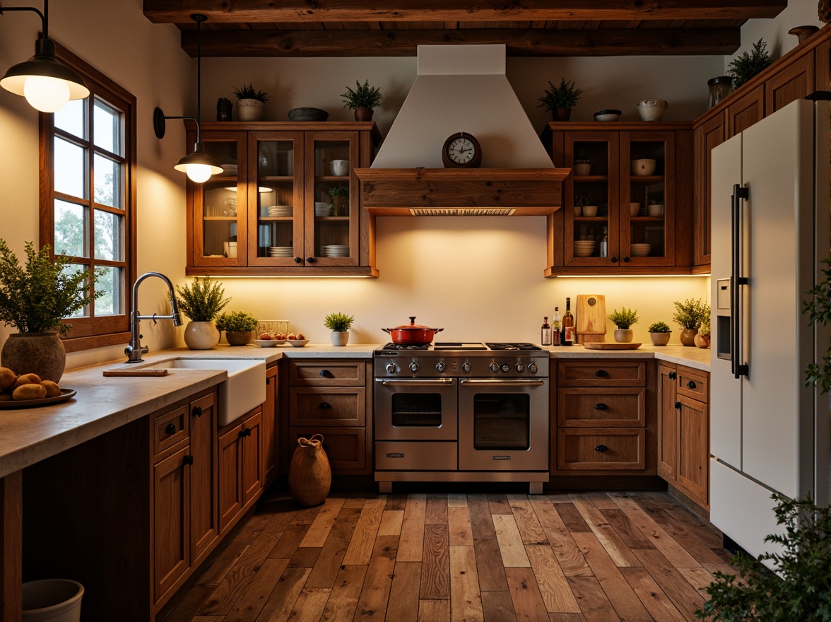 Prompt: Warm traditional kitchen ambiance, rustic wooden cabinetry, earthy tone countertops, soft warm lighting, pendant lamps, candlelight, ambient glow, creamy white walls, distressed wood flooring, cozy breakfast nook, vintage-inspired appliances, ornate metal hardware, gentle shadows, subtle warm color palette, 1/1 composition, realistic textures, warm color temperature, softbox lighting, intimate atmosphere.