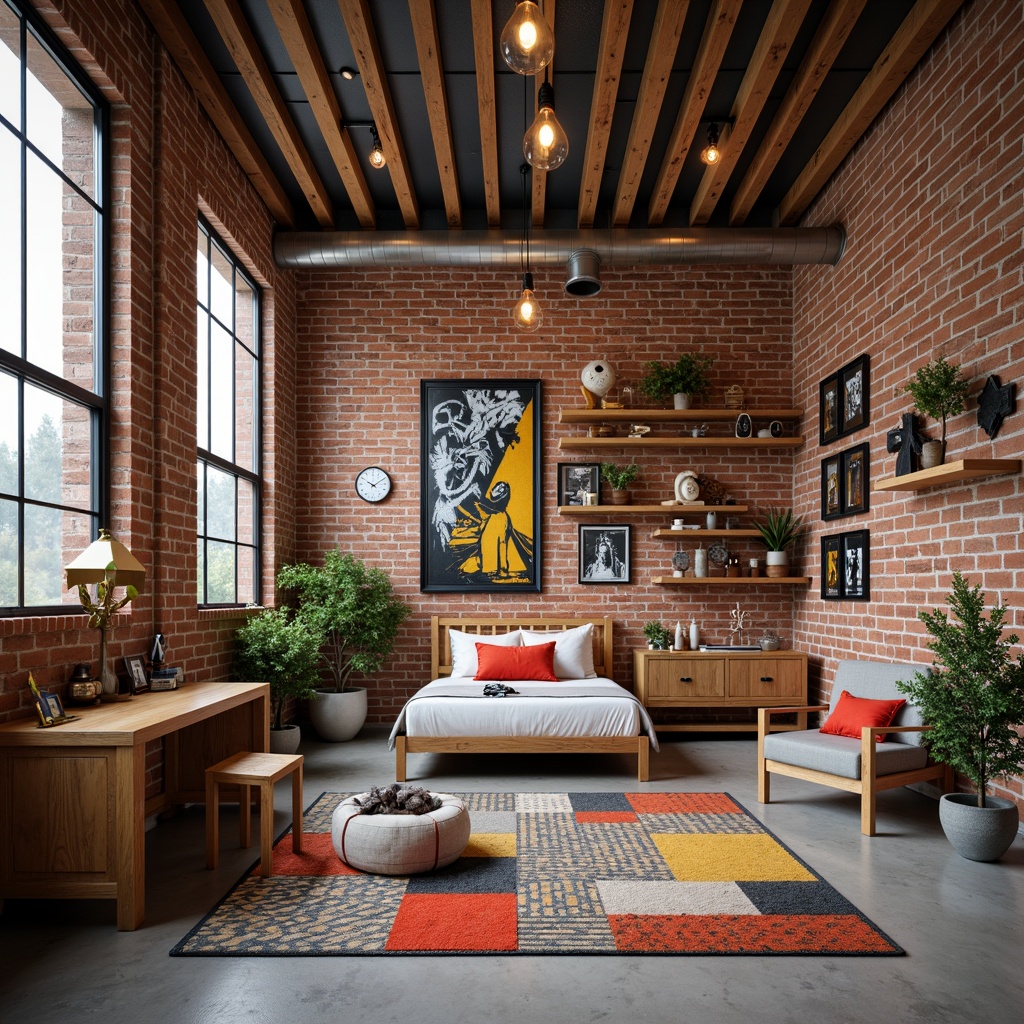 Prompt: Industrial chic kids' room, exposed brick walls, distressed wood accents, metallic pipes, Edison bulb lighting, urban graffiti art, concrete floors, minimalist furniture, bold color blocking, geometric patterned rugs, reclaimed wood shelves, vintage industrial decor, eclectic mix of textures, warm ambient lighting, shallow depth of field, 1/1 composition, realistic render, high-contrast atmosphere.