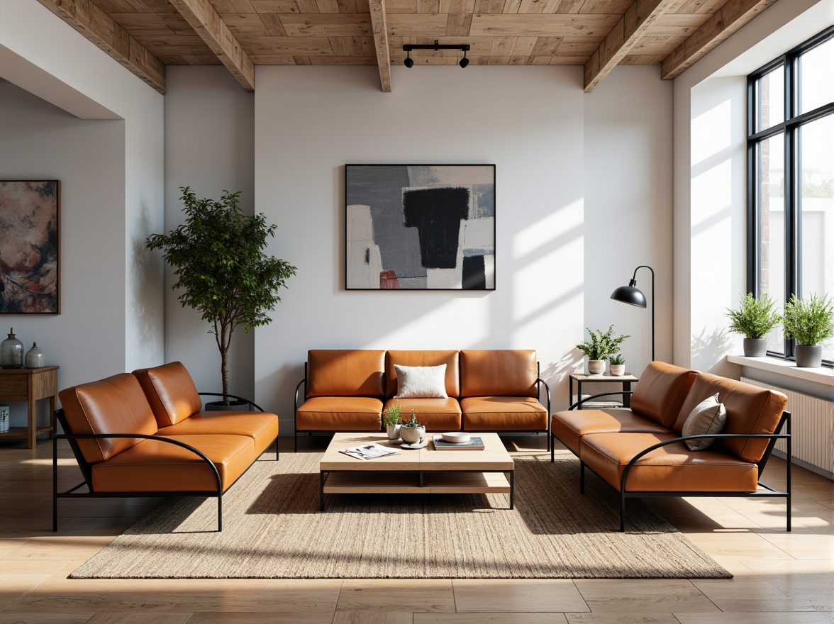 Prompt: Simple living room, minimalist decor, functional furniture, tubular steel frames, leather cushions, geometric shapes, primary color scheme, industrial materials, polished wood surfaces, clean lines, rectangular forms, adjustable lighting, metal lampshades, wooden coffee tables, woven wool rugs, abstract artwork, urban loft atmosphere, natural light, shallow depth of field, 1/1 composition, symmetrical balance, high-contrast textures.