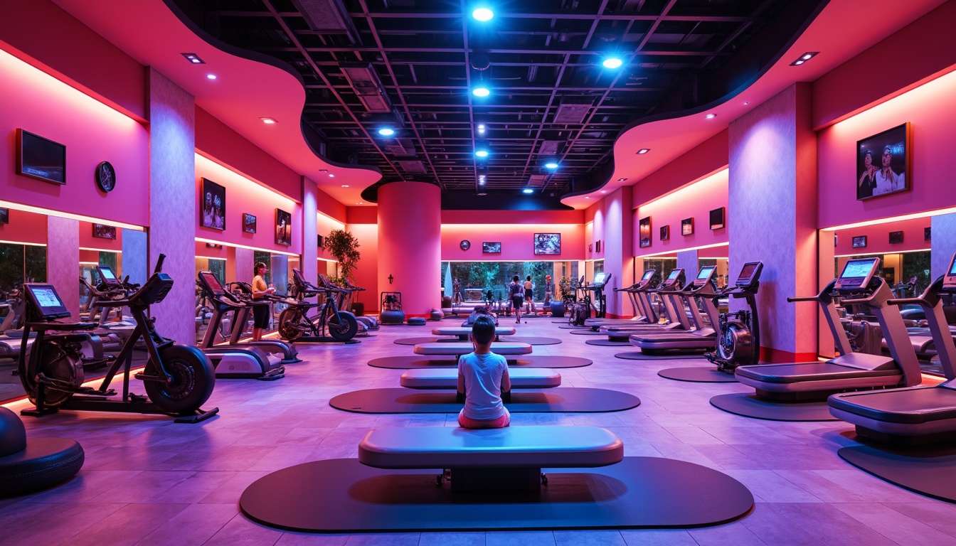 Prompt: Vibrant fitness club interior, curvilinear forms, undulating walls, dynamic lighting, sleek metallic equipment, free-form benches, elliptical mirrors, rounded columns, wavy flooring patterns, gradient color schemes, neon accents, high-energy atmosphere, morning sunlight, shallow depth of field, 1/2 composition, realistic textures, ambient occlusion.