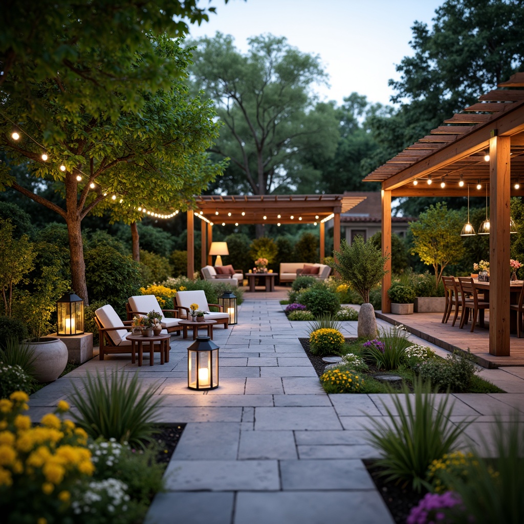 Prompt: Cozy patio, lush greenery, vibrant flowers, comfortable outdoor furniture, string lights, lanterns, natural stone flooring, wooden decks, modern pergolas, soft warm lighting, shallow depth of field, 3/4 composition, panoramic view, realistic textures, ambient occlusion, inviting pathways, decorative planters, bird baths, tranquil water features, serene ambiance, warm color scheme, comfortable seating areas.