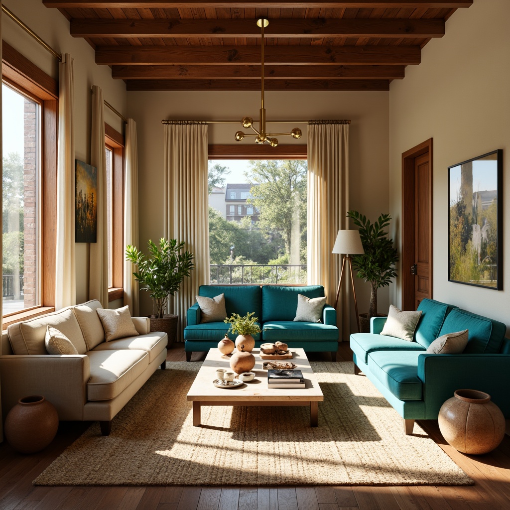 Prompt: Cozy living room, warm beige walls, rich walnut wood furniture, plush velvet sofas, vibrant turquoise accents, golden brass lighting fixtures, soft cream-colored curtains, natural woven rugs, earthy terracotta vases, lush greenery, abundant natural light, warm afternoon sunbeams, shallow depth of field, 2/3 composition, realistic textures, ambient occlusion.