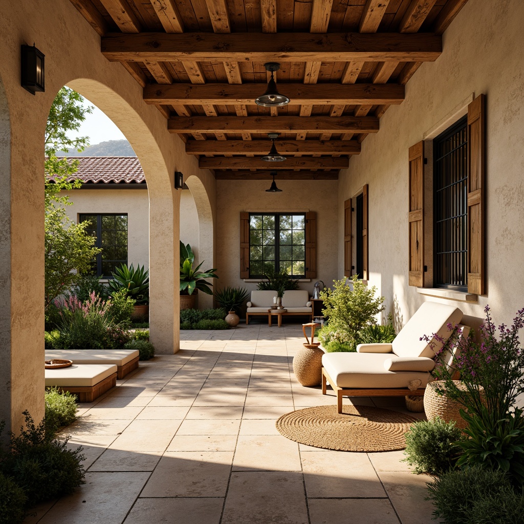 Prompt: Warm Mediterranean villa, rustic stone walls, arched windows, terracotta roof tiles, ornate ironwork, lush greenery, vibrant flowers, tranquil courtyard, natural stone flooring, reclaimed wood accents, distressed wooden beams, earthy color palette, warm beige tones, soft golden lighting, 1/1 composition, intimate atmosphere, realistic textures, ambient occlusion.