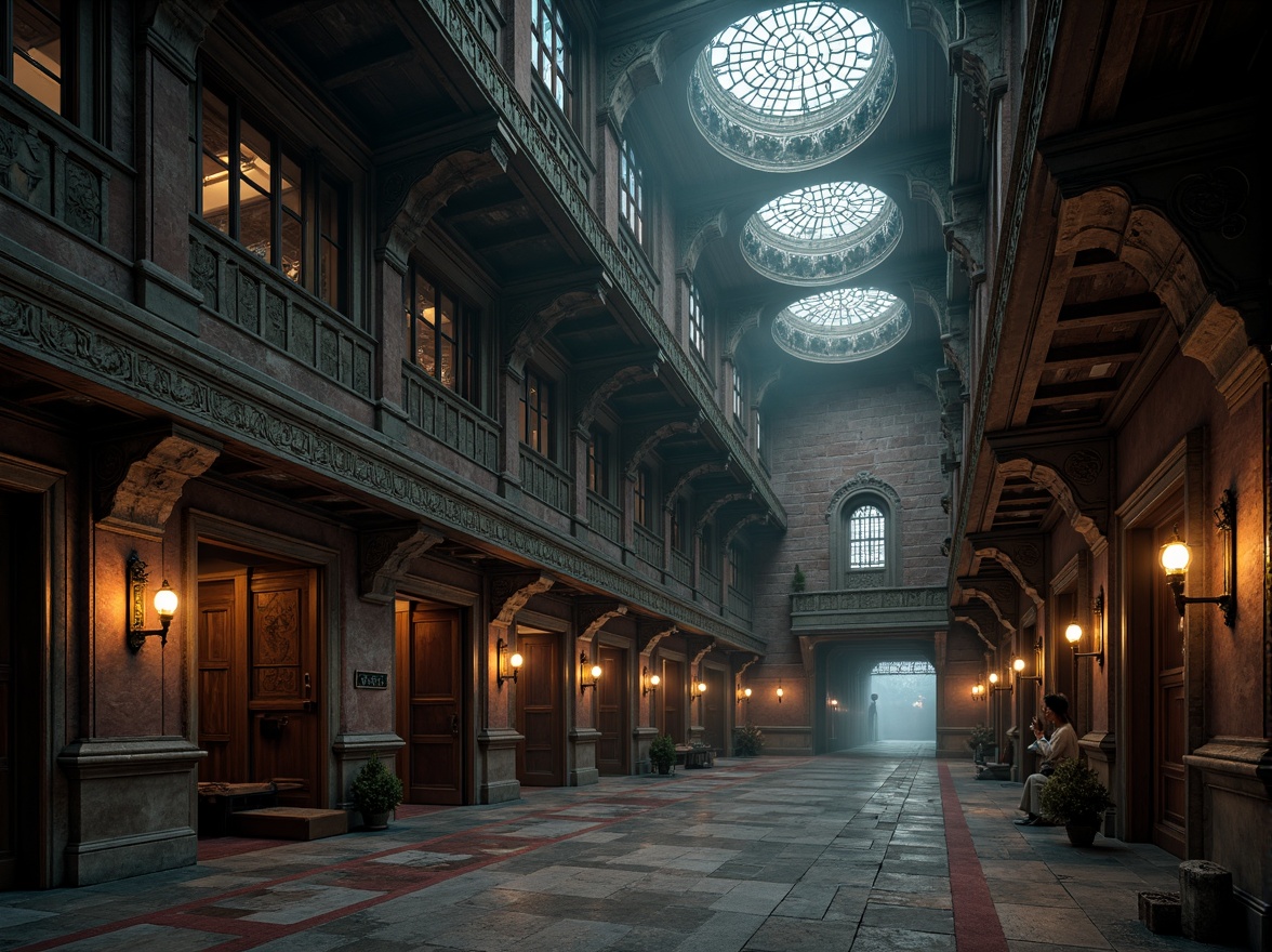 Prompt: Intricate stone carvings, ornate wooden details, grandiose vaulted ceilings, dramatic stained glass windows, rustic brick facades, weathered copper roofs, lavish velvet drapes, polished marble floors, mysterious crypt-like spaces, eerie lantern lighting, misty atmospheric effects, cinematic wide-angle shots, 1/1 composition, high-contrast monochromatic color scheme, mystical ambient occlusion.