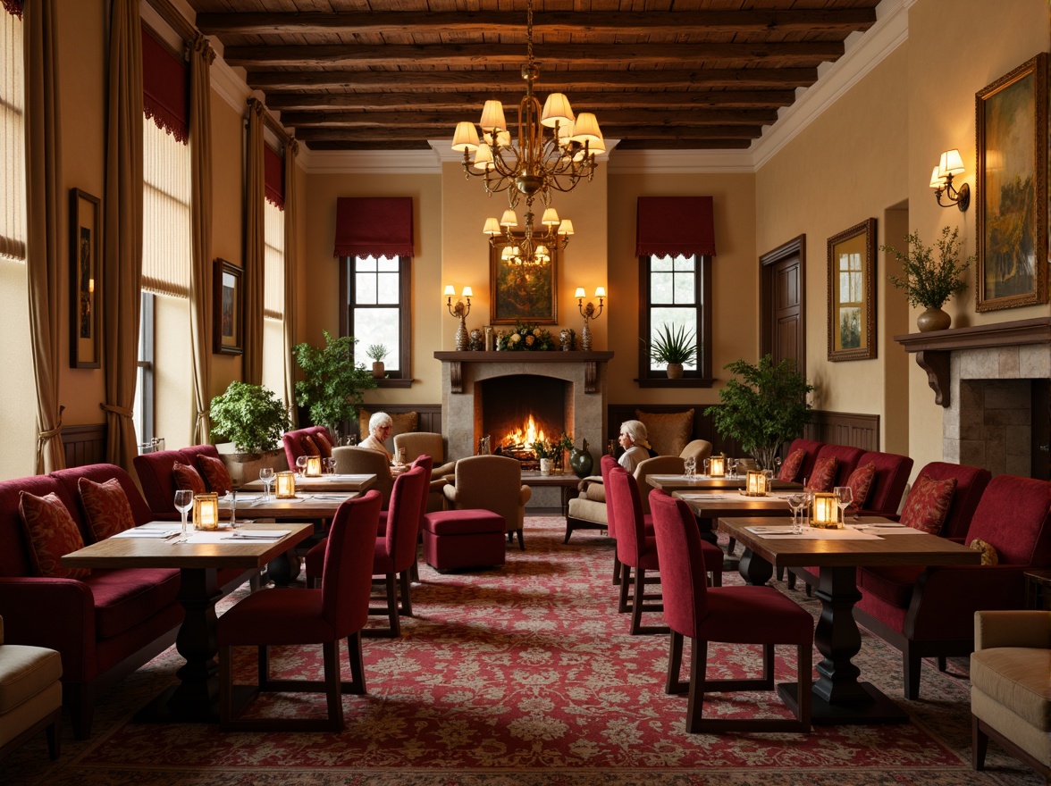 Prompt: Cozy dining room, plush area rugs, warm beige walls, wooden furniture, soft velvet upholstery, golden lighting fixtures, elegant chandeliers, rustic wood accents, natural stone fireplaces, crackling flames, comfortable seating, intimate gatherings, warm color palette, earthy tones, inviting atmosphere, shallow depth of field, 1/1 composition, realistic textures, ambient occlusion.