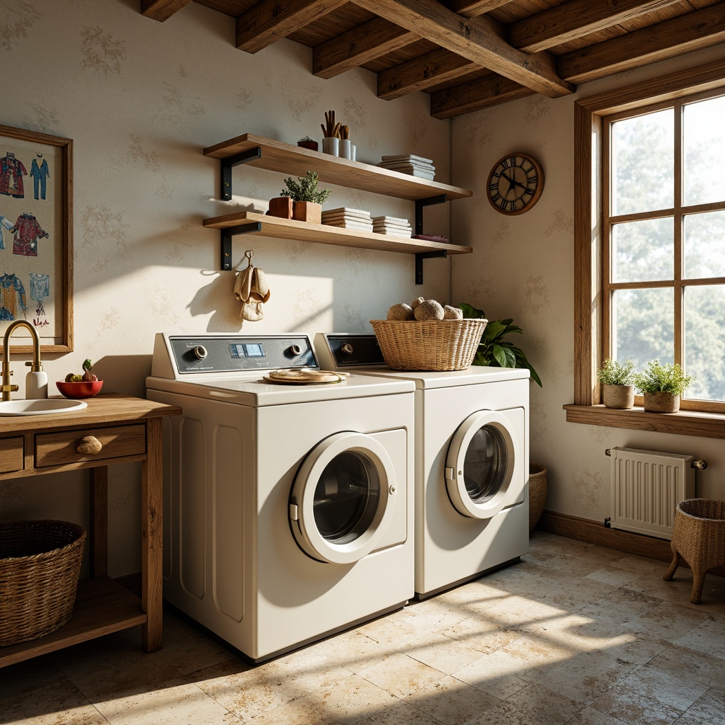 Prompt: Soft creamy whites, warm beige tones, dusty blues, faded reds, muted yellows, distressed textures, vintage clothing patterns, classic laundry machinery, rustic wooden accents, natural stone floors, soft diffused lighting, warm shadows, shallow depth of field, 1/1 composition, realistic fabrics, ambient occlusion.