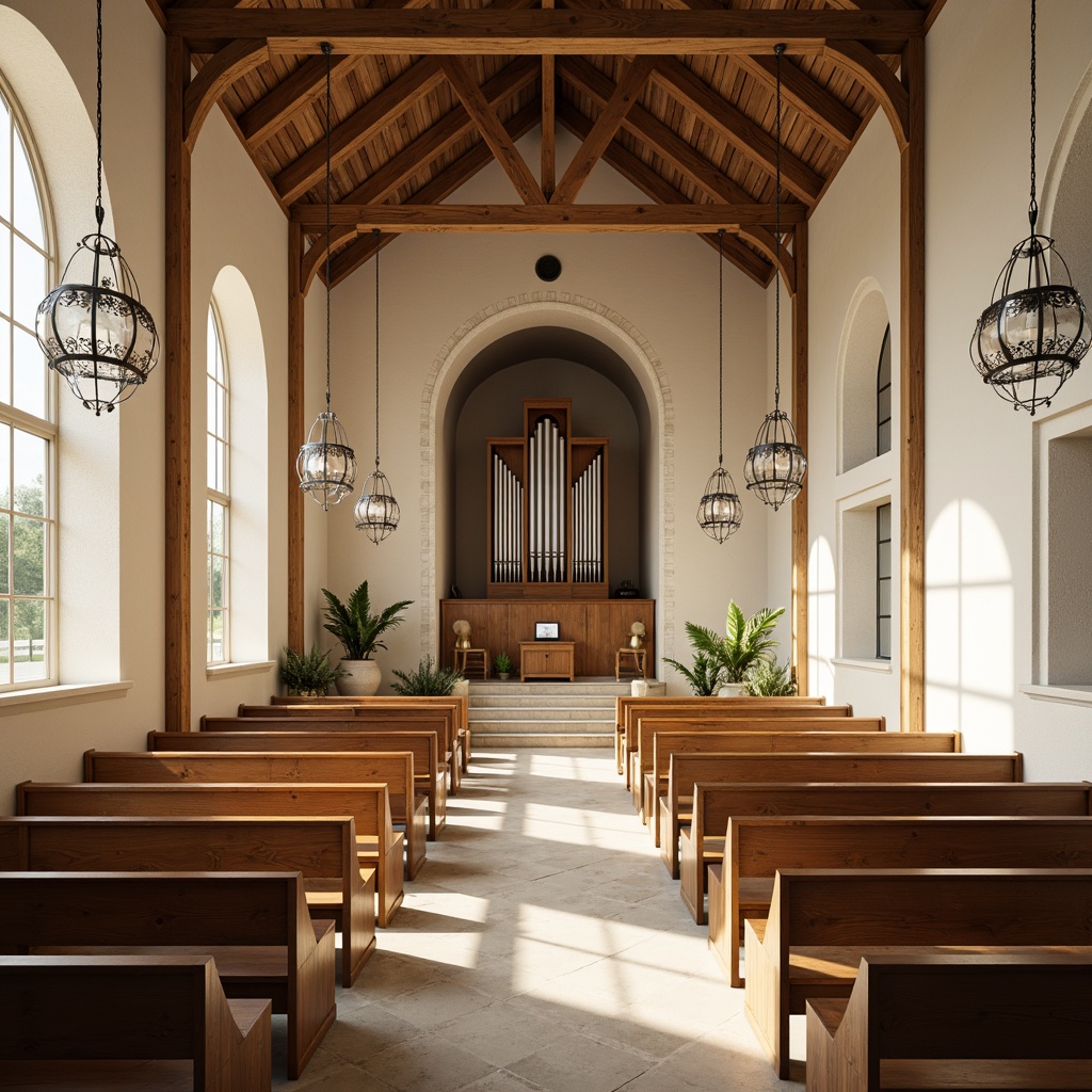 Prompt: Light-filled Scandinavian church interior, minimalist decor, wooden pews, stone walls, vaulted ceilings, grand organ, stained glass windows, soft warm natural light, gentle shadows, subtle color palette, Nordic-inspired architecture, rustic wood accents, cream-colored stone floors, ornate metal chandeliers, peaceful ambiance, shallow depth of field, 1/1 composition, realistic textures, ambient occlusion.