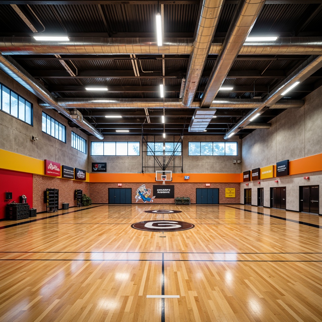 Prompt: Inspiring gymnasium interior, polished wooden floors, accent walls with vibrant colors, motivational quotes, sleek metallic beams, modern LED lighting, textured concrete walls, industrial-style ductwork, exposed brick finishes, dynamic spatial layout, functional zones, athletic equipment storage, bold typography signage, contrasting color schemes, high-gloss epoxy coatings, athletic-inspired murals, natural stone accents, soft warm lighting, shallow depth of field, 3/4 composition, realistic textures.