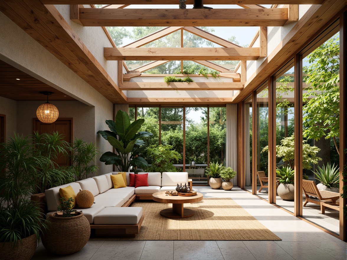 Prompt: Sleek sunroom, Asian-inspired decor, natural materials, wooden accents, sliding glass doors, floor-to-ceiling windows, skylights, soft warm lighting, minimal shading devices, bamboo furniture, lush greenery, potted plants, vibrant flowers, woven textiles, subtle patterns, earthy tones, serene ambiance, shallow depth of field, 1/1 composition, realistic textures, ambient occlusion.