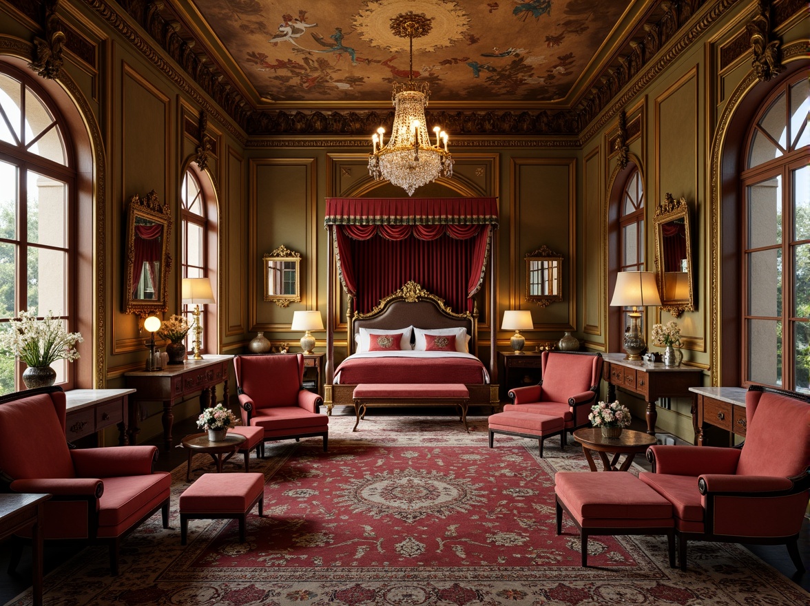 Prompt: Ornate gilded frames, velvet upholstered armchairs, intricately carved wooden tables, lavish crystal chandeliers, majestic four-poster beds, richly patterned rugs, ornamental mirrors, regal throne-like seating, luxurious silk fabrics, golden metal accents, antique vases, opulent marble countertops, dramatic arched doorways, grandiose ceiling murals, warm candlelight ambiance, 1/1 composition, shallow depth of field, soft focus effect.