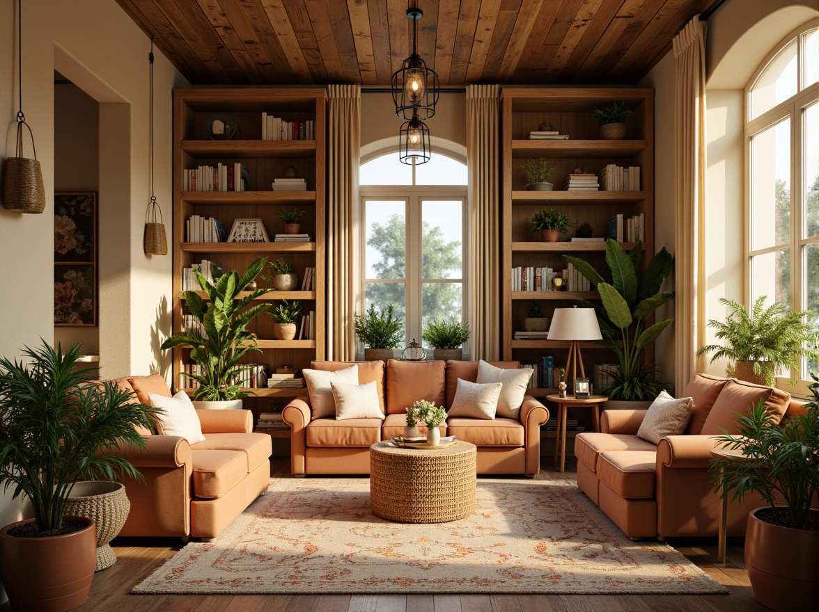 Prompt: Cozy reading nook, warm beige walls, plush velvet furniture, soft golden lighting, natural wood accents, earthy terracotta planters, lush greenery, delicate floral patterns, calming pastel hues, creamy whites, soothing blues, gentle yellows, warm neutrals, inviting textures, comfortable seating, intimate atmosphere, relaxing ambiance, overhead lanterns, table lamps, floor-to-ceiling bookshelves, woven baskets, natural fiber rugs.