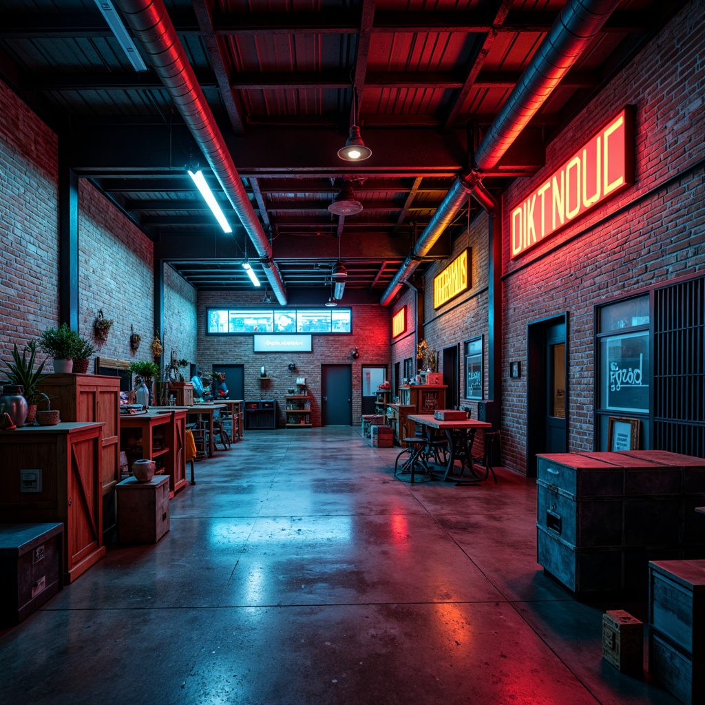 Prompt: Industrial-style garage, exposed brick walls, metallic equipment, concrete flooring, neon-lit signs, bold color scheme, deep blues, fiery reds, bright yellows, contrasting textures, rustic wood accents, steel beams, modern lighting fixtures, urban atmosphere, gritty urban feel, dramatic shadows, high-contrast photography, cinematic mood, vibrant color grading.