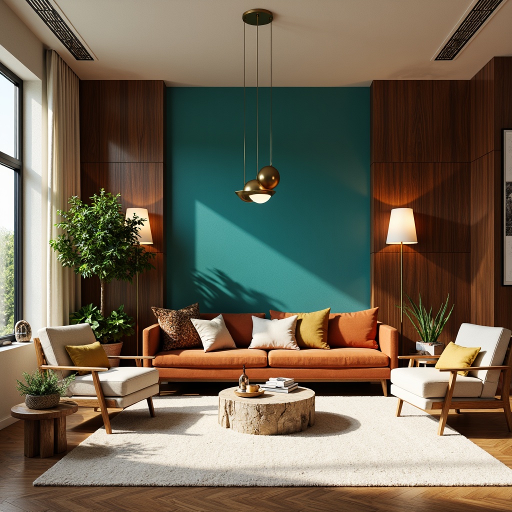 Prompt: Vibrant living room, rich wood accents, bold turquoise walls, plush velvet sofas, golden metallic lighting fixtures, natural stone coffee tables, creamy white rugs, warm beige armchairs, lush green plants, floor-to-ceiling windows, soft diffused light, 1/2 composition, cozy atmosphere, realistic textures, subtle color gradients.