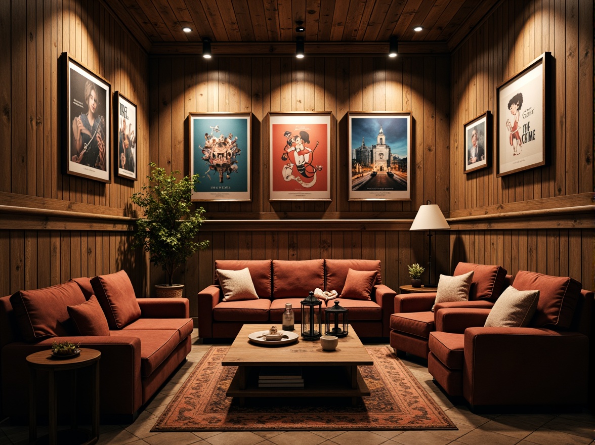 Prompt: Rustic cinema interior, vintage film posters, distressed wood accents, comfortable plush armchairs, oversized velvet sofas, wooden coffee tables, metal lanterns, natural stone walls, earthy color palette, warm cozy lighting, soft focus, shallow depth of field, 2/3 composition, cinematic camera angles, realistic textures, ambient occlusion.