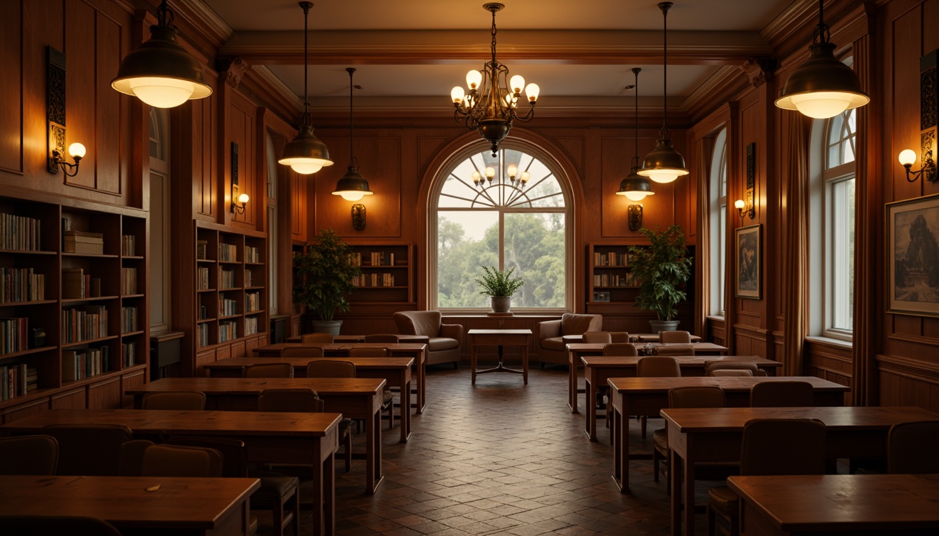 Prompt: Warmly lit classrooms, traditional wooden desks, comfortable seating areas, ornate chandeliers, pendant light fixtures, rustic metal lanterns, soft warm glow, cozy reading nooks, built-in bookshelves, wooden paneling, vintage-inspired lighting, elegant sconces, subtle ambient lighting, 1/2 composition, shallow depth of field, realistic textures, warm color palette.