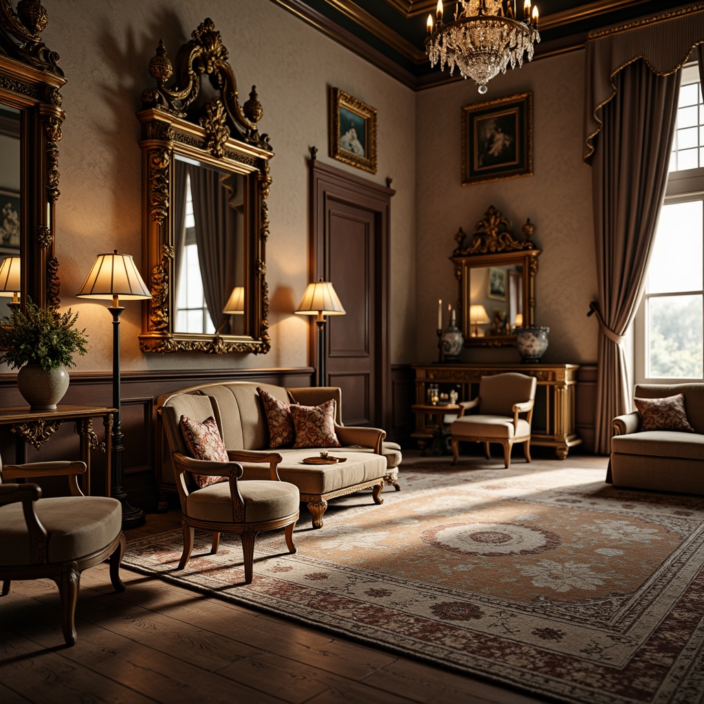 Prompt: Ornate French palace, lavish furnishings, intricately carved wooden chairs, gilded mirrors, ornamental consoles, curved legs, cabriole legs, upholstered velvet sofas, rich brocade fabrics, delicate porcelain vases, crystal chandeliers, soft warm lighting, subtle shadows, 1/1 composition, shallow depth of field, realistic textures, ambient occlusion.