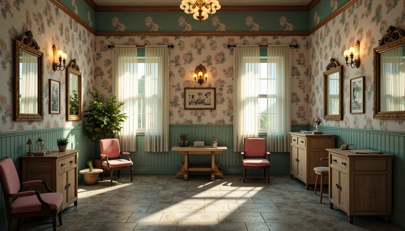 Prompt: Whimsical clinic interior, distressed wood furniture, vintage medical equipment, soft pastel hues, floral patterns, lace curtains, ornate mirrors, rustic metal accents, plush velvet upholstery, elegant chandeliers, natural stone flooring, warm candlelight, shallow depth of field, 1/1 composition, intimate atmosphere, realistic textures, ambient occlusion.